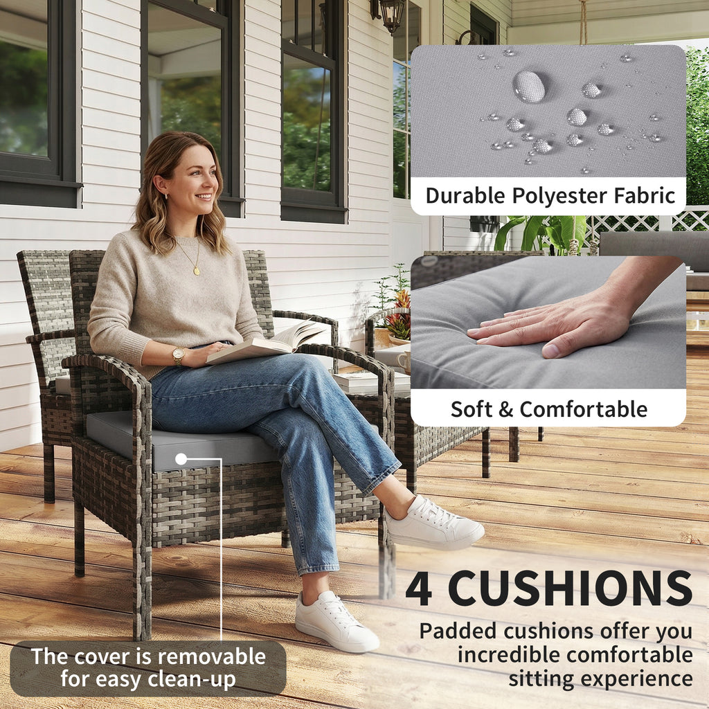 4 Pieces Patio Furniture Set with A Loveseat, Two Armchairs and A Coffee Table, Outdoor Conversation Set, Light Grey