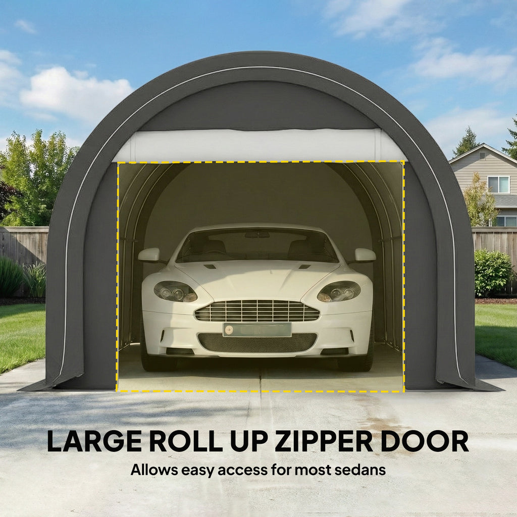 10' x 16' Heavy Duty Portable Carport Tent with Zippered Door, PE Cover for Car, Boat, Motorcycle, Bike, Grey