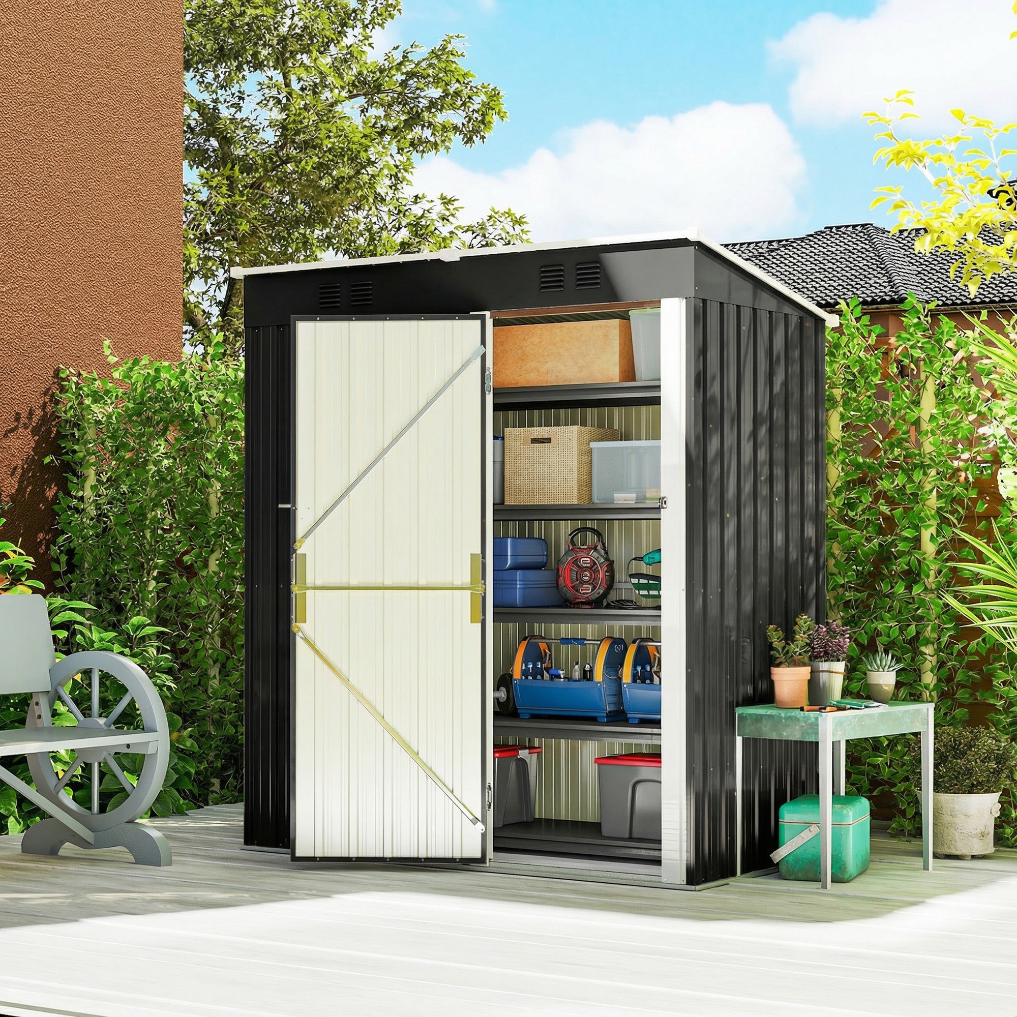 5 x 3 ft Outdoor Storage Shed, Lean-to Metal Garden Shed with Lockable Door and Vents, Dark Grey