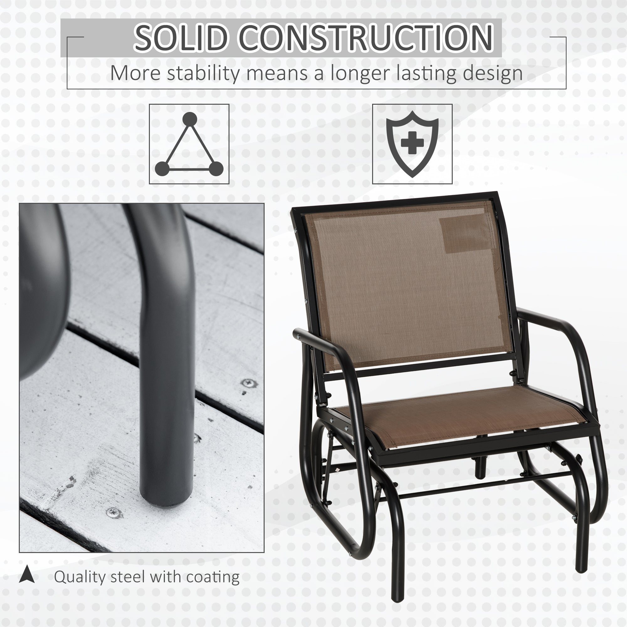 Patio Glider Outdoor Glider Chair with Breathable Mesh Seat & Backrest, Armrests and Metal Frame, Brown