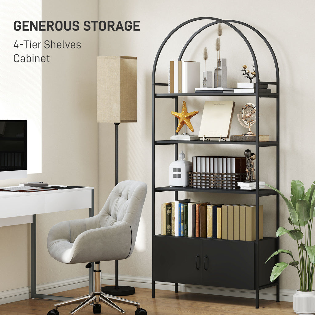 4-Tier Arched Shelving Unit with Cabinet, Bookshelf for Living Room, Office, 31.5" x 11.8" x 73.6", Black