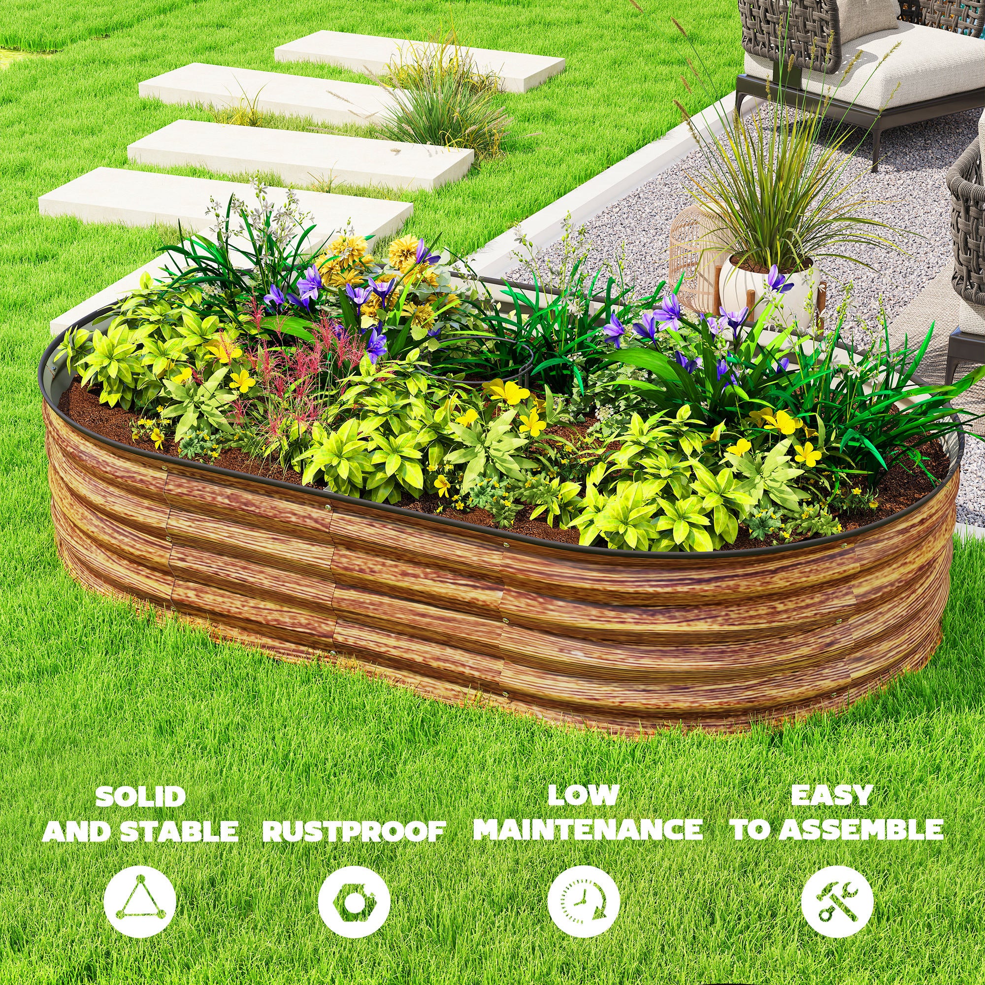 5' x 3' x 1' Large Outdoor Planter Box, Galvanized Raised Garden Bed with Metal Plant Stake, Brown Wood Effect