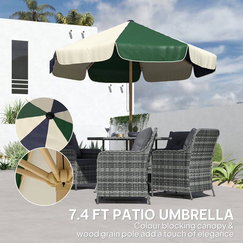 7.4 ft Patio Umbrella with Wood-Effect Frame, Colour-Blocked UPF 30+ Outdoor Market Table Umbrella Parasol, Dark Green
