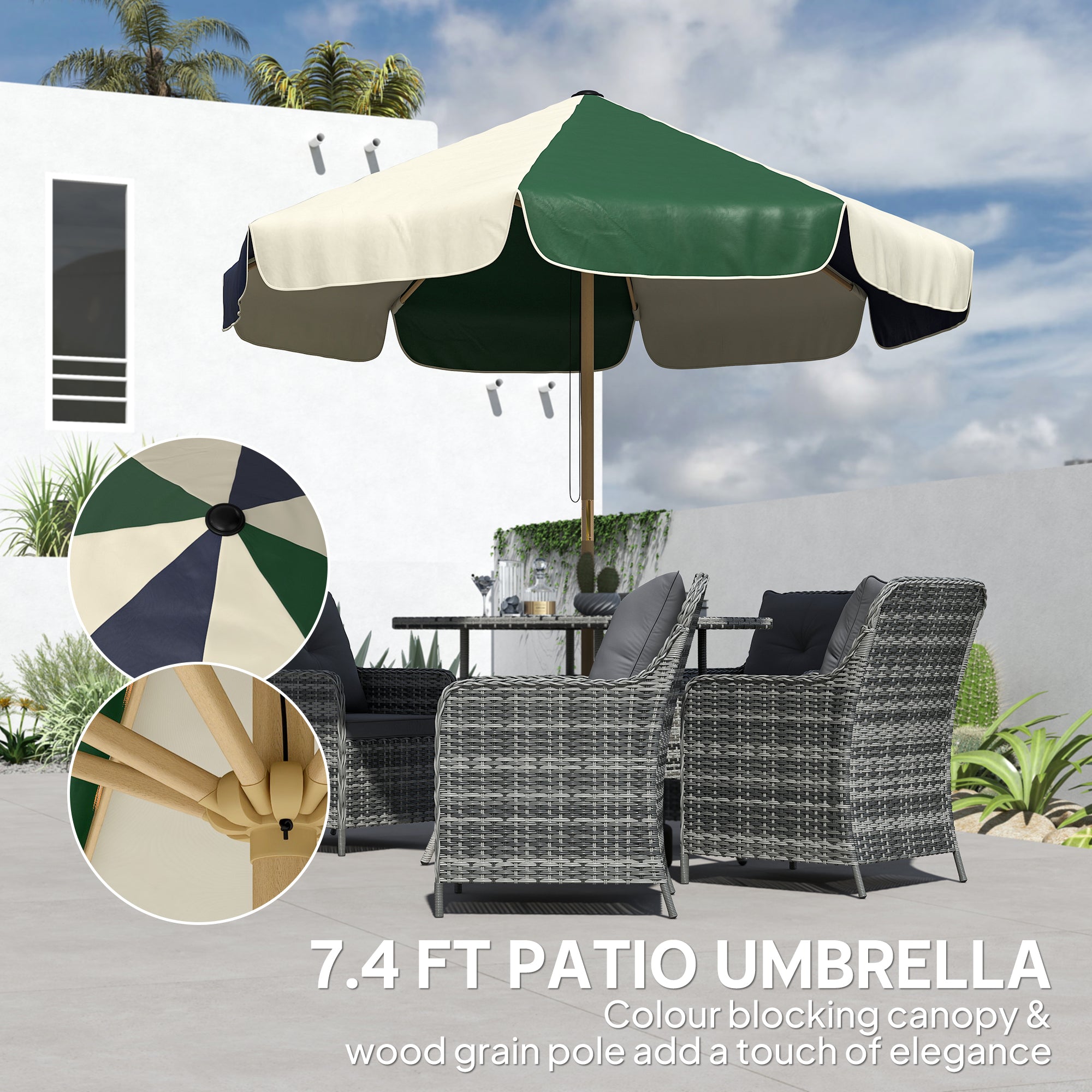 7.4 ft Patio Umbrella with Wood-Effect Frame, Colour-Blocked UPF 30+ Outdoor Market Table Umbrella Parasol, Dark Green