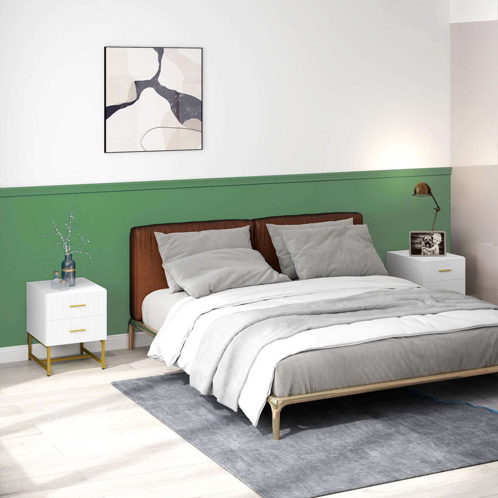 2 Pieces Nightstands with Storage, Modern Bedside Tables with 2 Fluted Drawers and Gold Legs for Bedroom, White