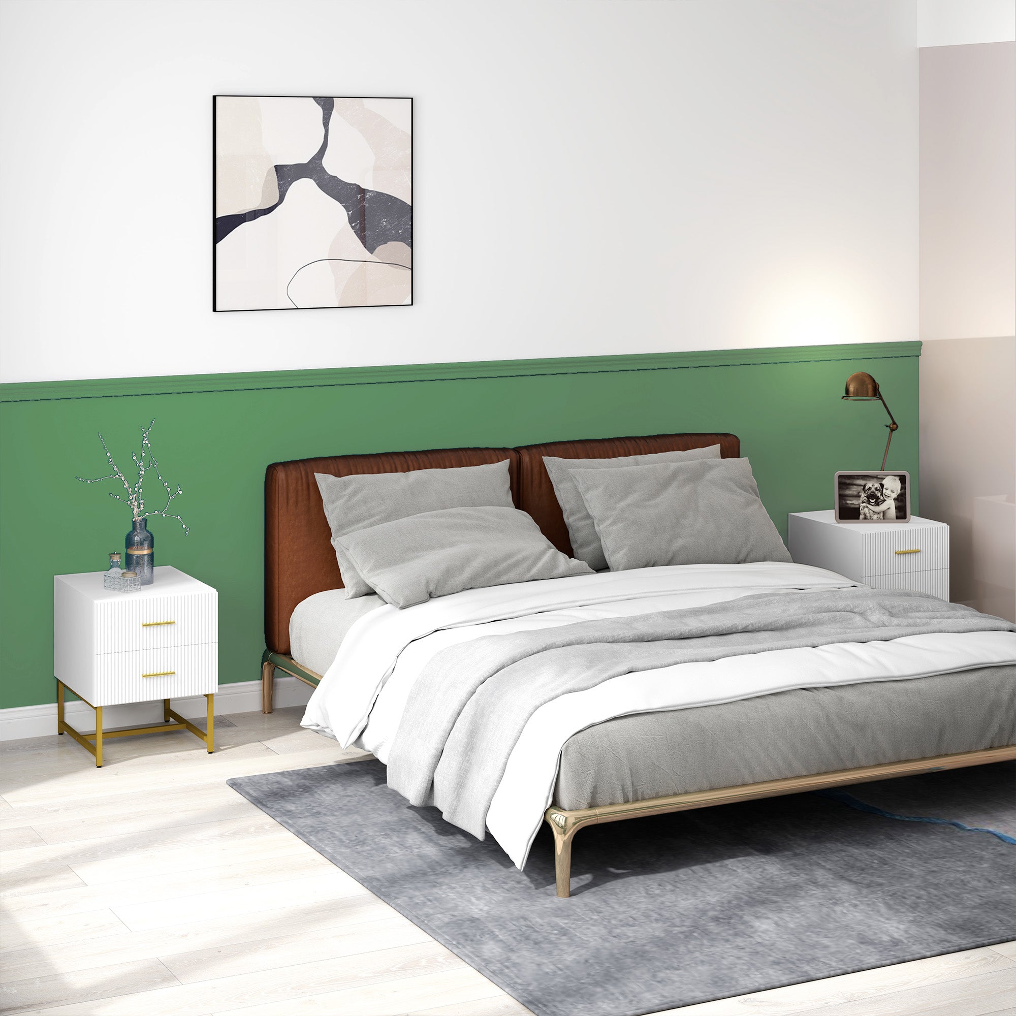 2 Pieces Nightstands with Storage, Modern Bedside Tables with 2 Fluted Drawers and Gold Legs for Bedroom, White