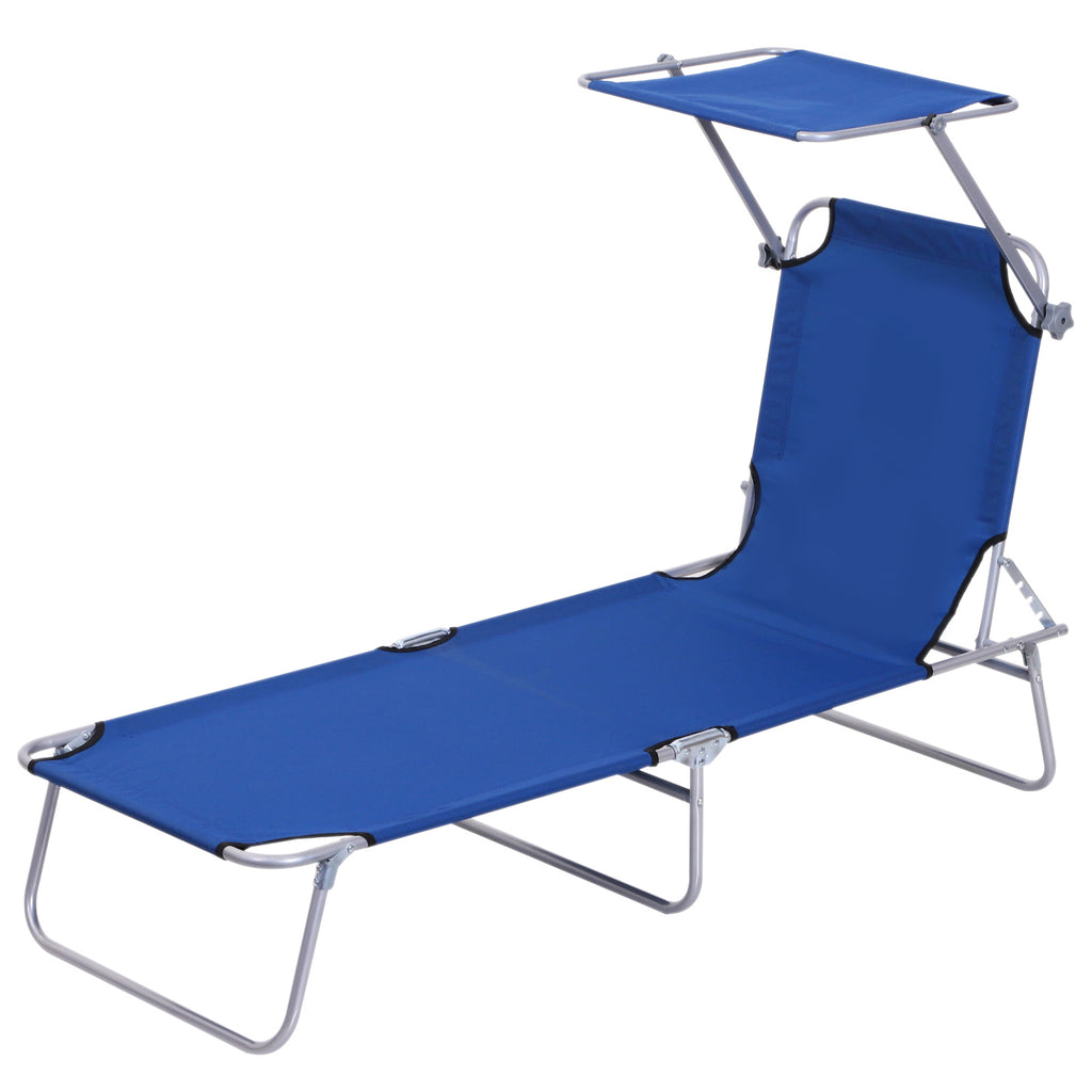 Outdoor Lounge Chair, Adjustable Folding Chaise Lounge,  Tanning Chair with Sun Shade for Beach, Camping, Hiking, Backyard, Blue