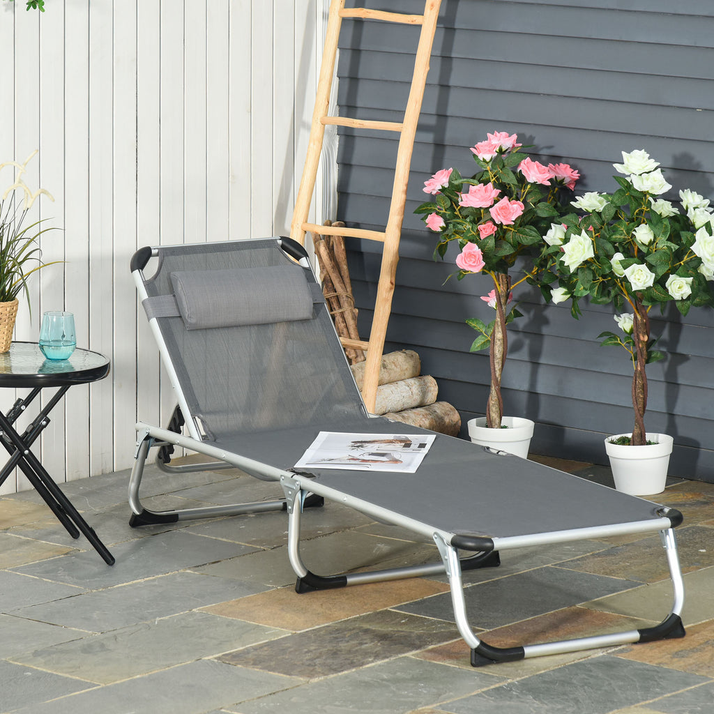 Folding Lounge Chair, Aluminum Frame Tanning Chair, Patio Lounger with Headrest, 5-Level Adjustable Backrest, Grey