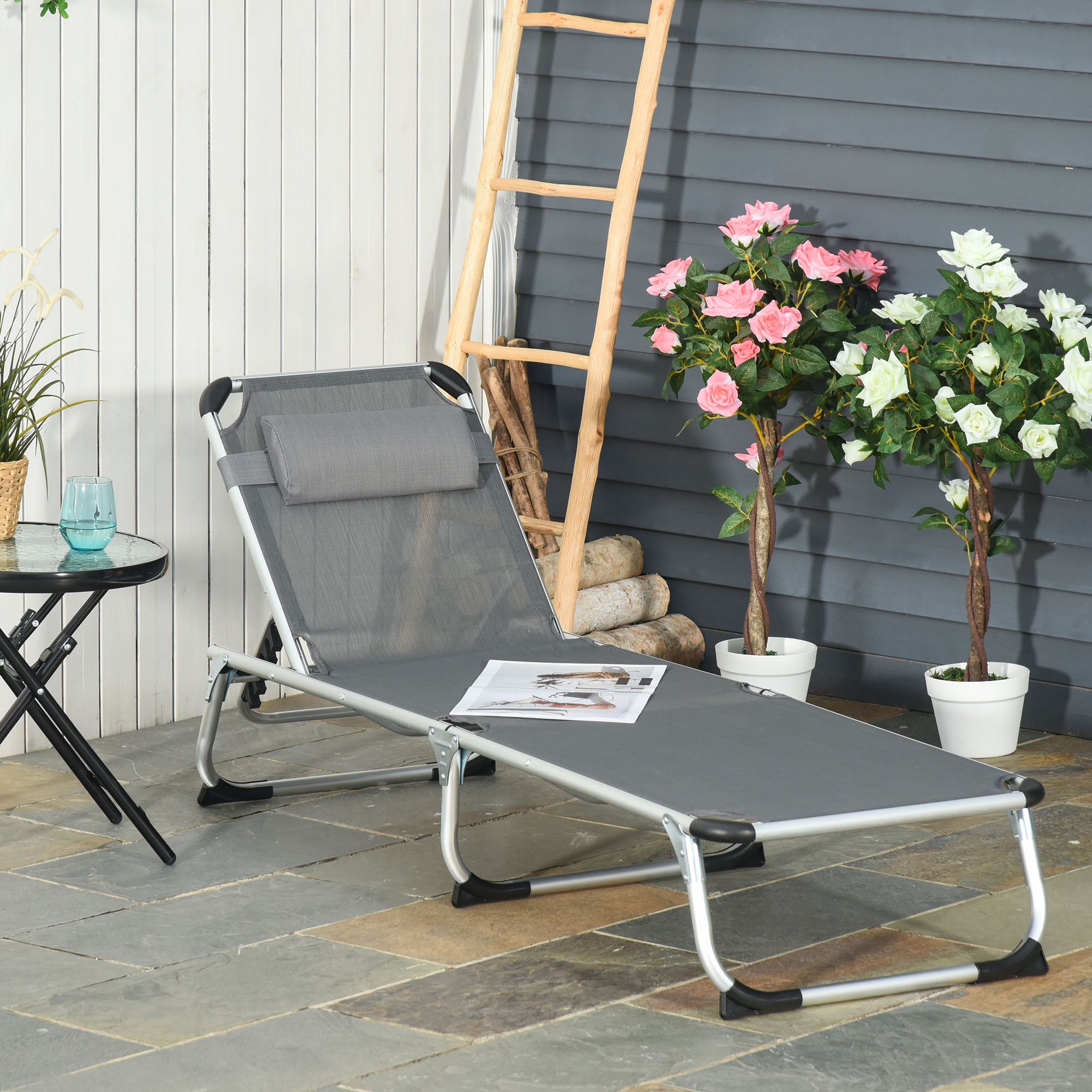 Folding Lounge Chair, Aluminum Frame Tanning Chair, Patio Lounger with Headrest, 5-Level Adjustable Backrest, Grey