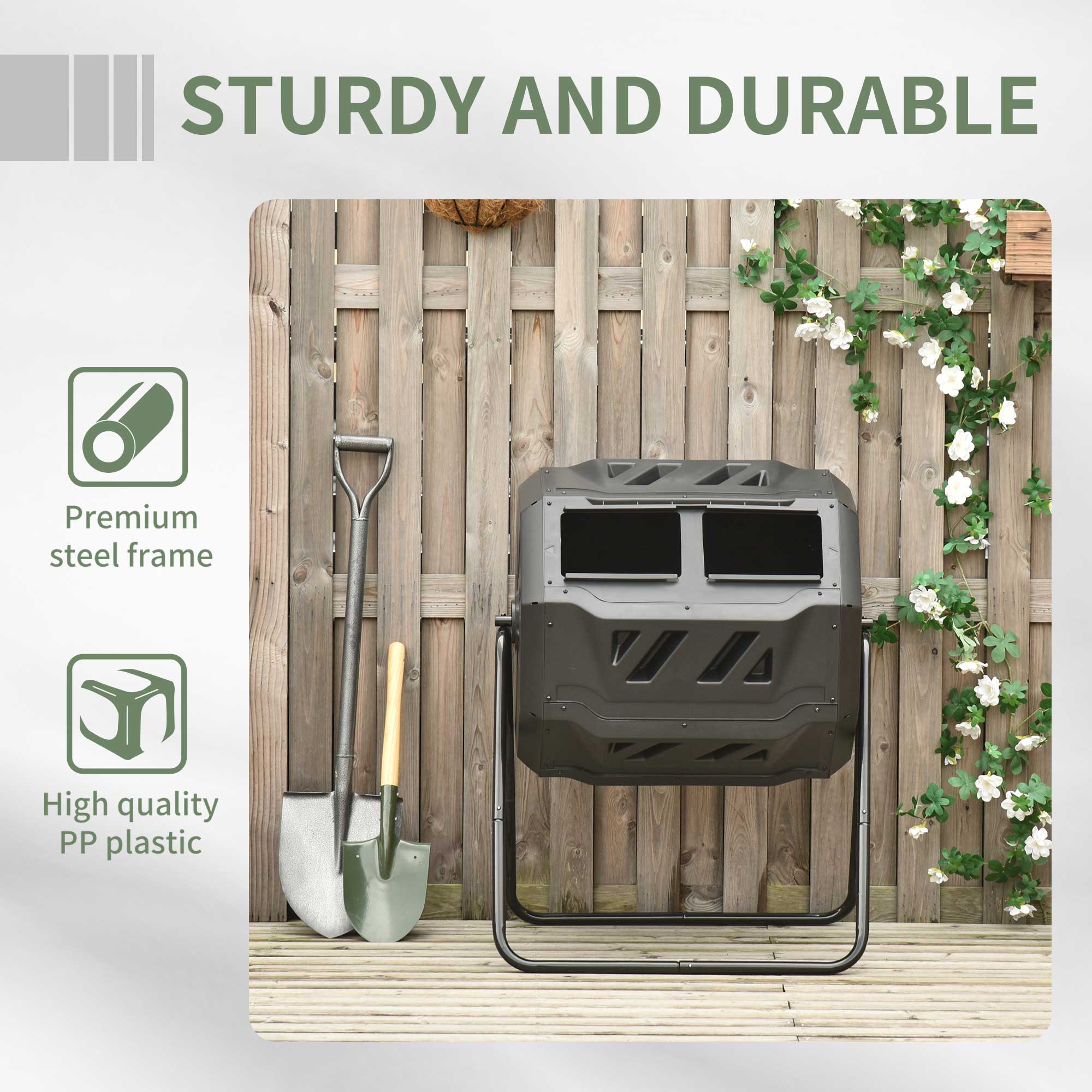Tumbling Compost Bin Outdoor Dual Chamber 360Â° Rotating Composter 43 Gallon w/ Sliding Doors & Solid Steel Frame, Green