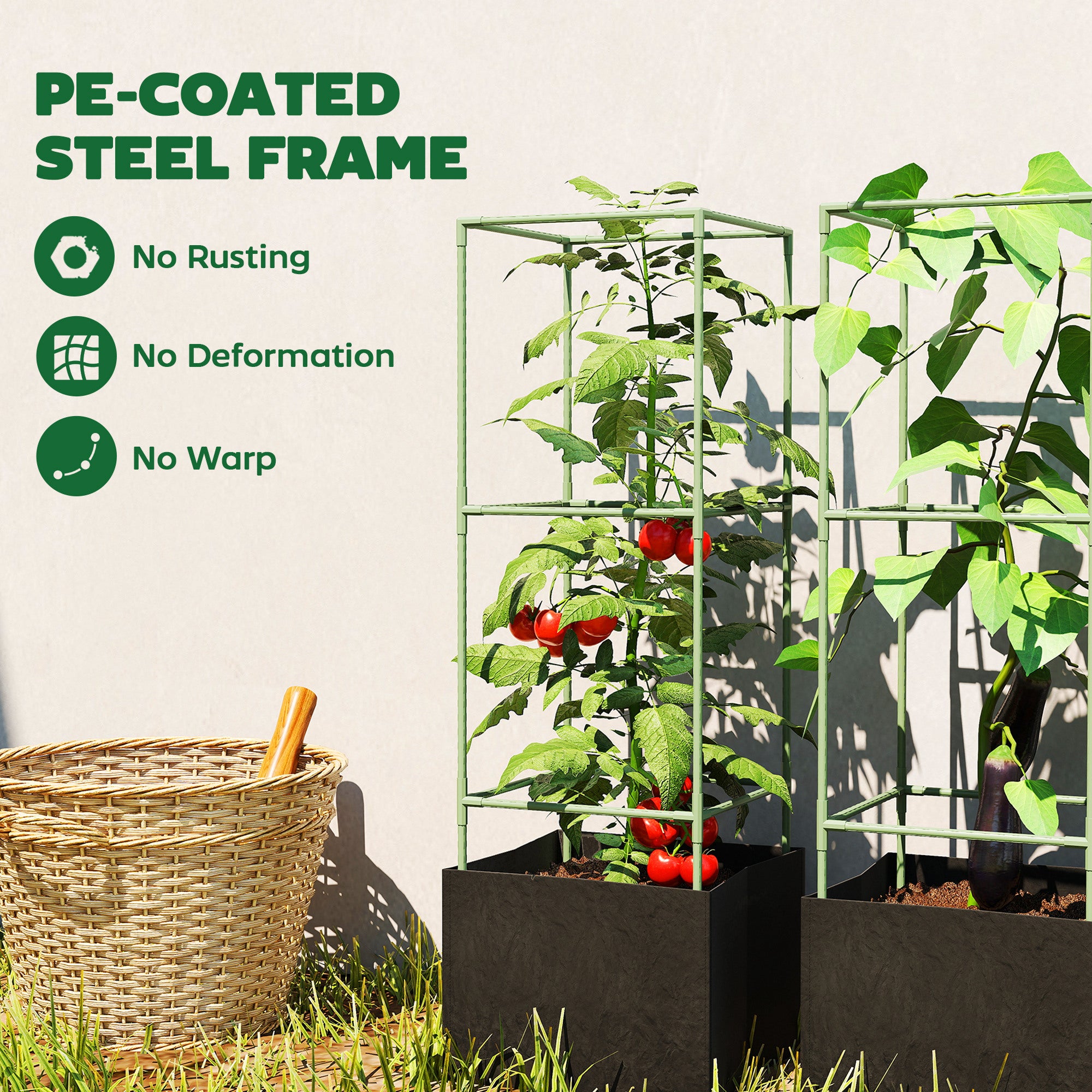 3 Packs Tomato Cages with 13.5 Gallon Grow Bags, Adjustable Square Plant Support Trellis