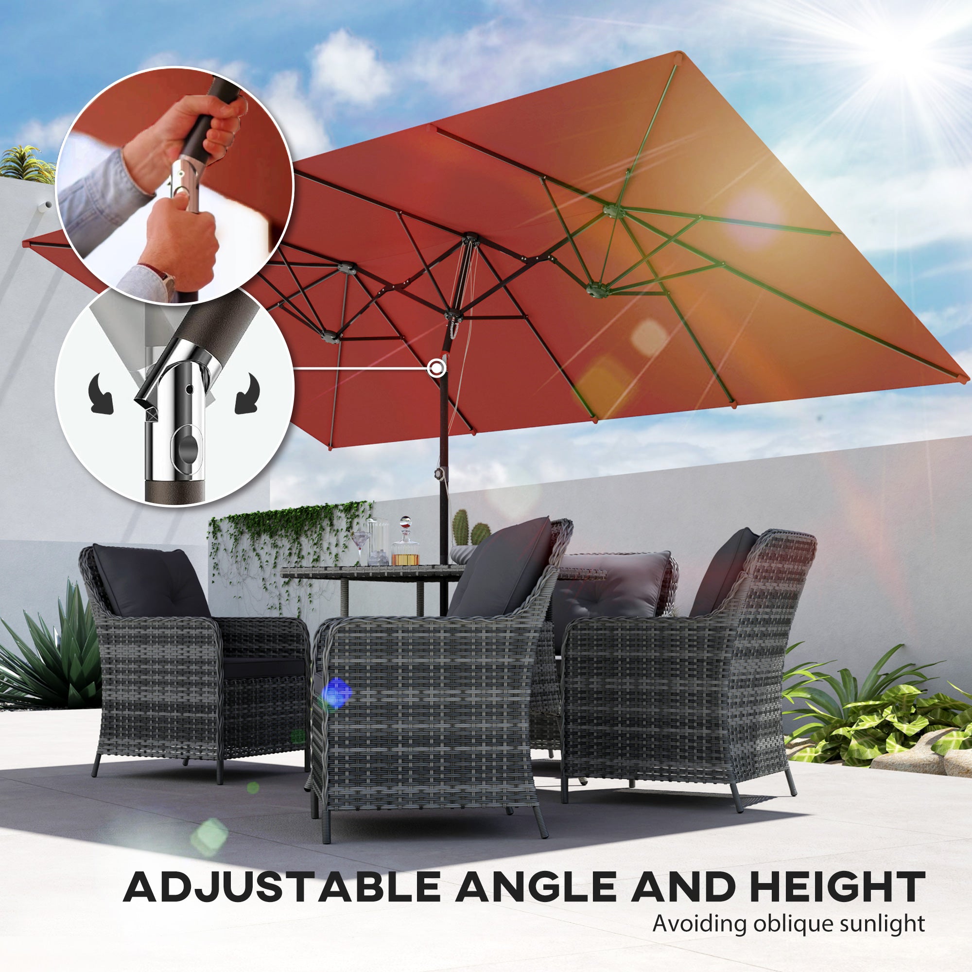 Double-Sided Patio Umbrella Parasol with Tilt, Adjustable Height, Vents and 12 Ribs, for Garden, Deck, Pool, Wine Red