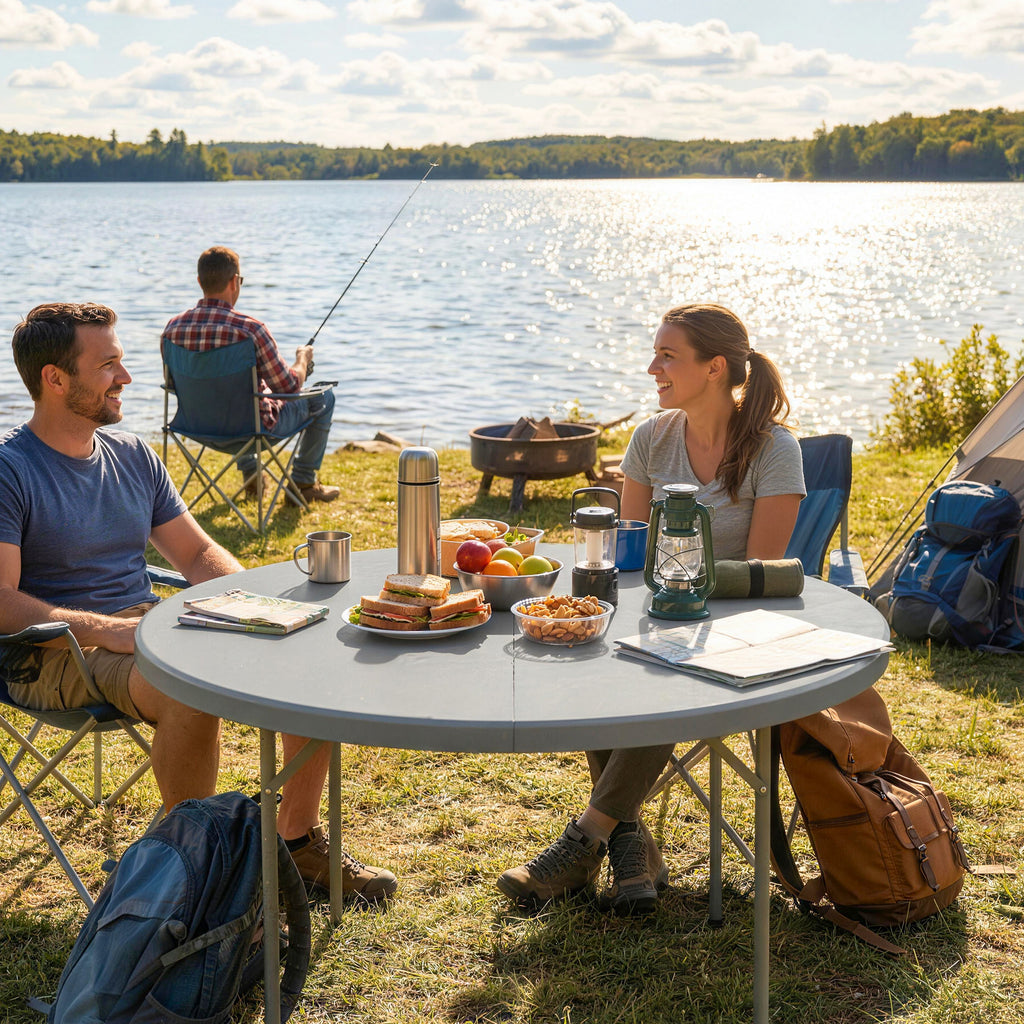 4ft Plastic Folding Picnic Table, Camping Table with Anti-Slip Foot Pads, Indoor Outdoor for Beach, BBQ, Grey