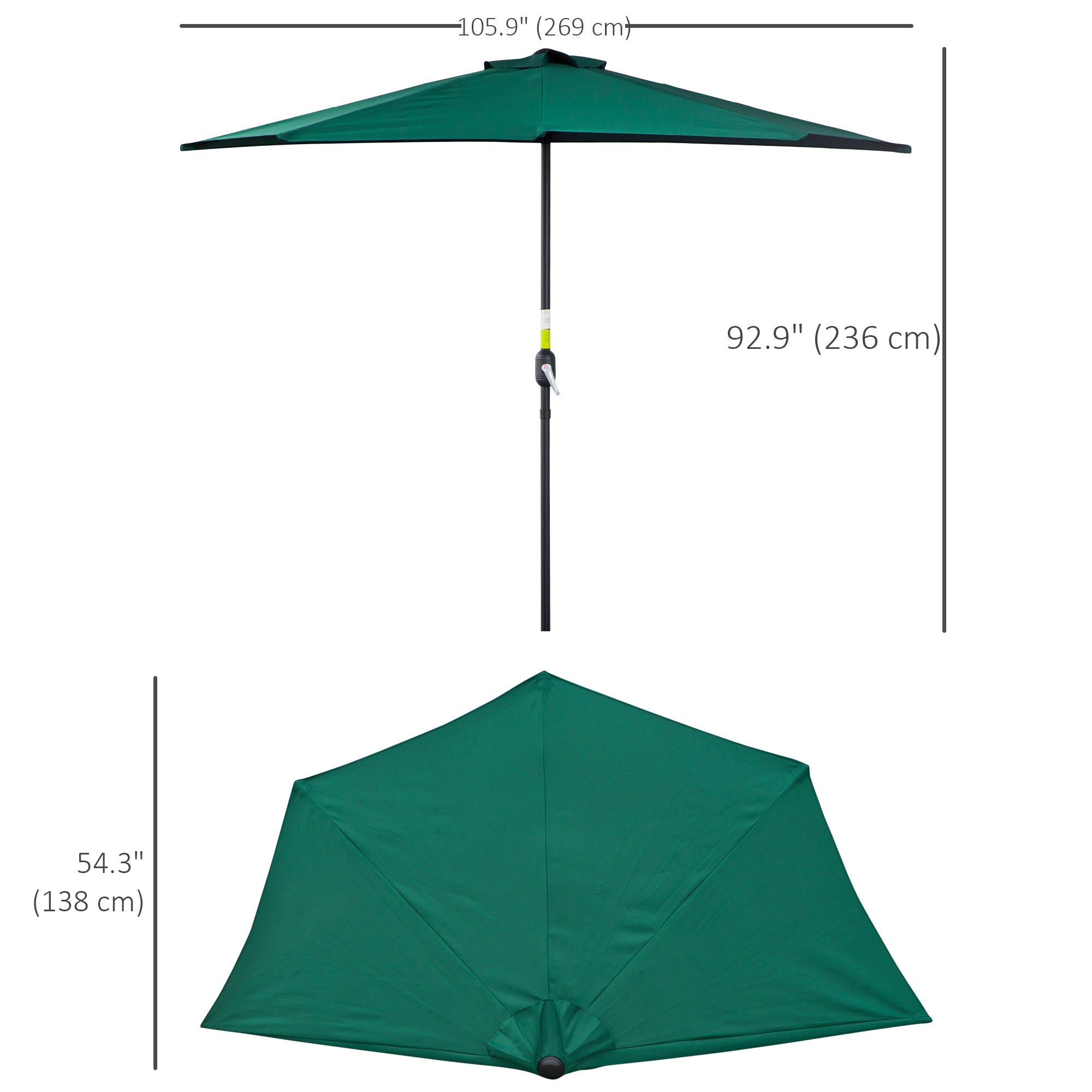 9ft Half Round Patio Umbrella, Outdoor Market Patio Table Umbrella Parasol with Crank Mechanism, 5 Ribs, Dark Green