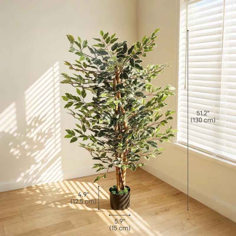Fake ficus tree with lush foliage in pot for apartment and office décor