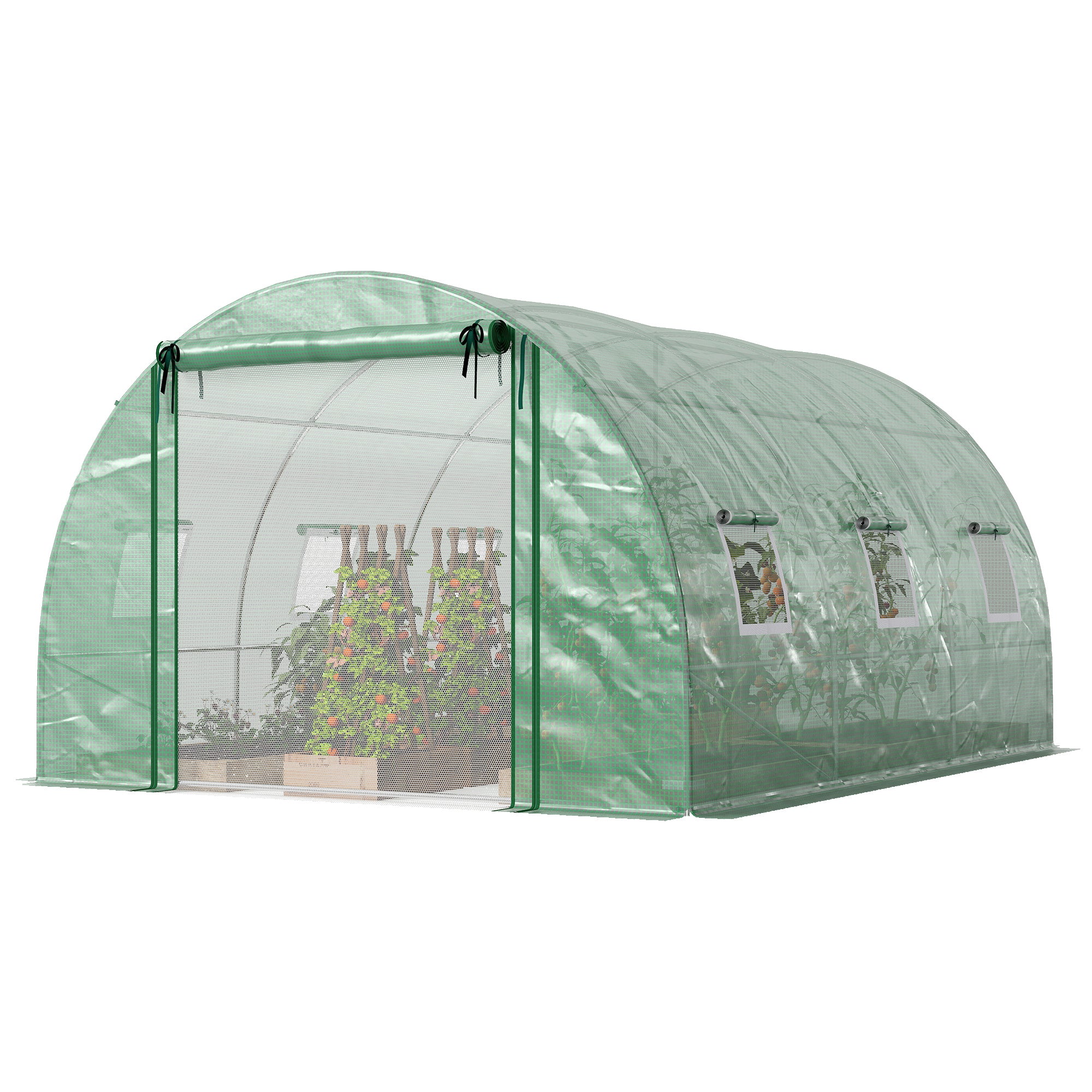 Walk-in Tunnel Greenhouse, Plant Hot House w/ Support Rods, Roll-up Mesh Door, Mesh Windows, 13'x9.8'x6.6', Green
