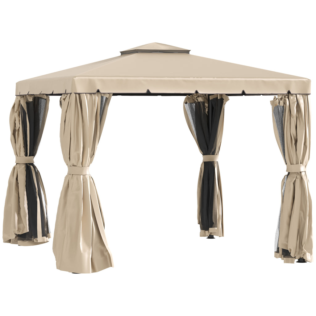 10' x 10' Deck Gazebo with Curtains & Mesh Screen Drapes, Double Roof Canopy Polyester Shade for Backyard Garden, Khaki