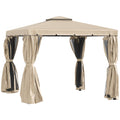 10' x 10' Deck Gazebo with Curtains & Mesh Screen Drapes, Double Roof Canopy Polyester Shade for Backyard Garden, Khaki