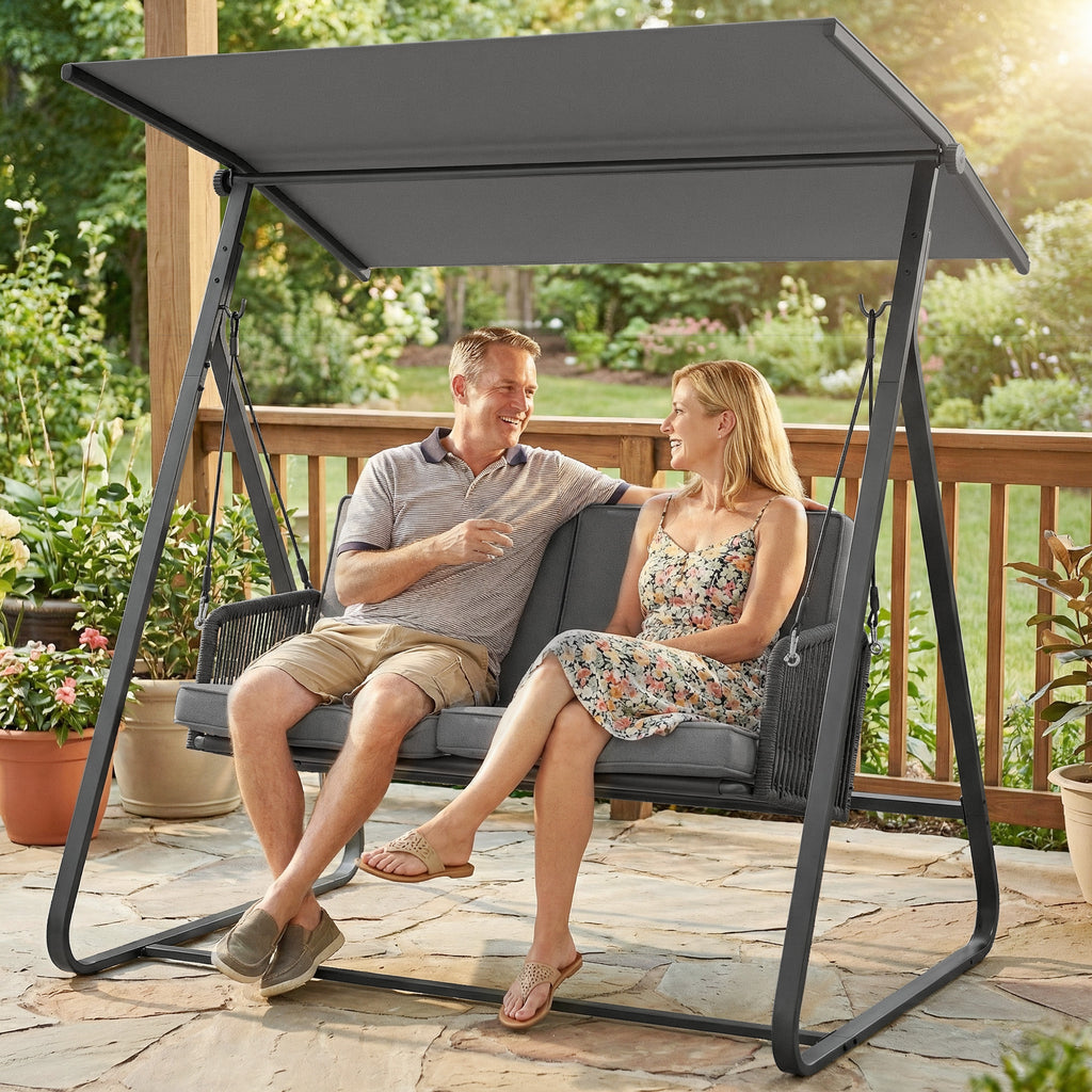 2-Person Outdoor Patio Porch Swing with Adjustable Canopy, Rattan Hanging Swing Bench with Soft Cushions