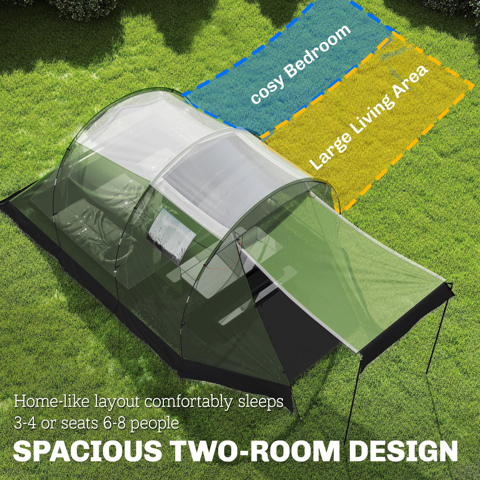 Camping Tent Waterproof Camping Tent with Two Room for 3-4 Person Waterproof, Green