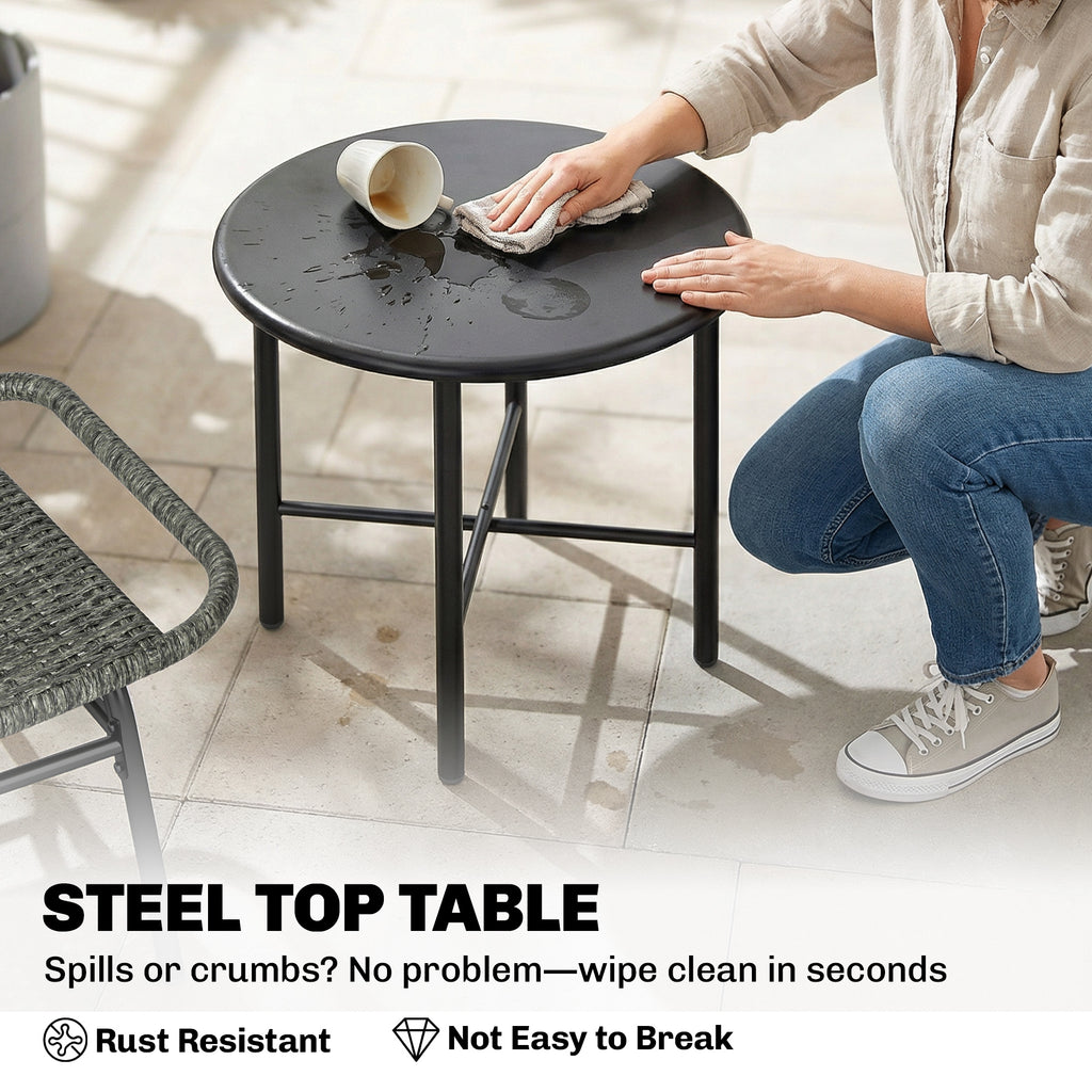 3 Piece Wicker Patio Furniture Set, Outdoor Bistro Set with Steel Table, Rattan Outdoor Conversation Furniture, Grey