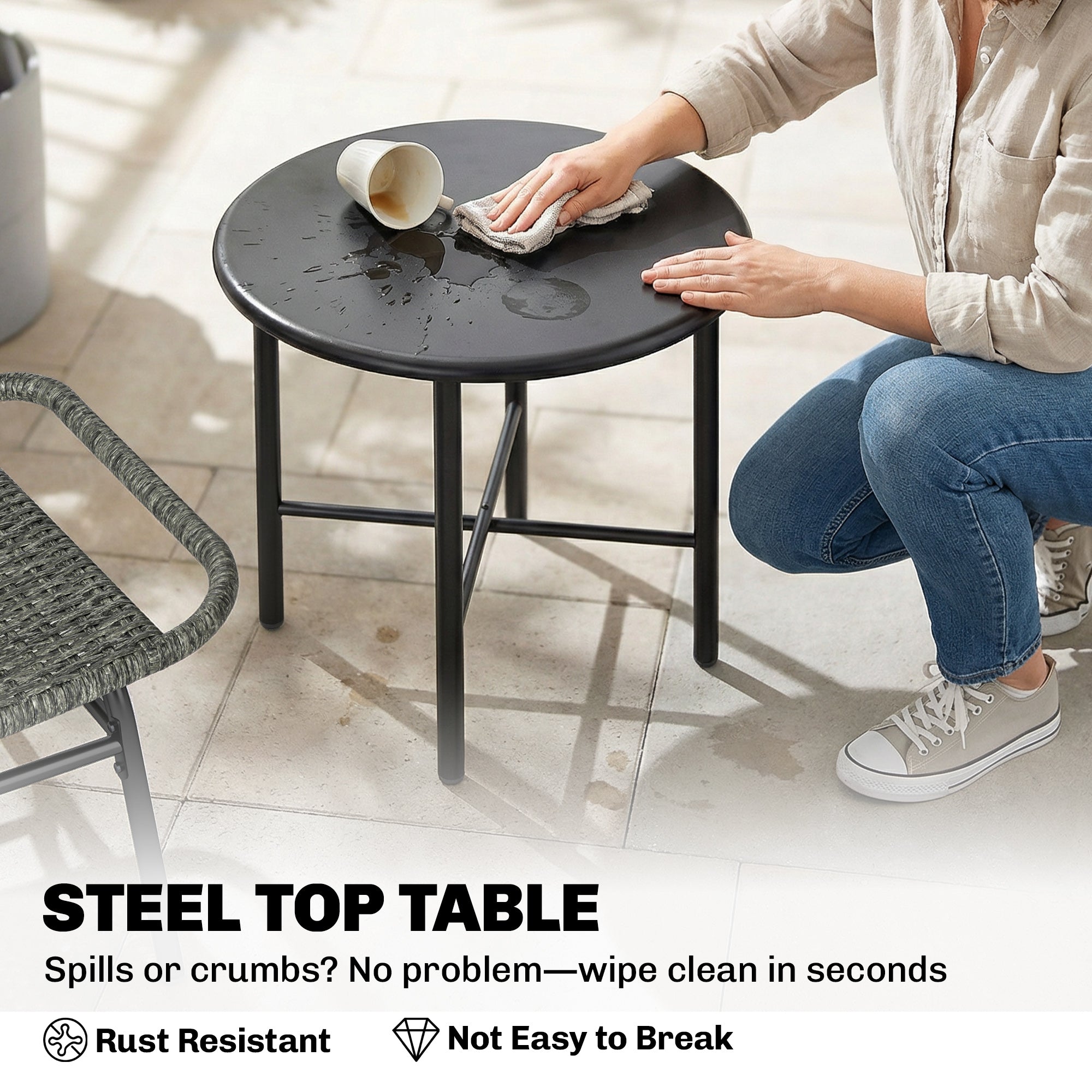 3 Piece Wicker Patio Furniture Set, Outdoor Bistro Set with Steel Table, Rattan Outdoor Conversation Furniture, Grey