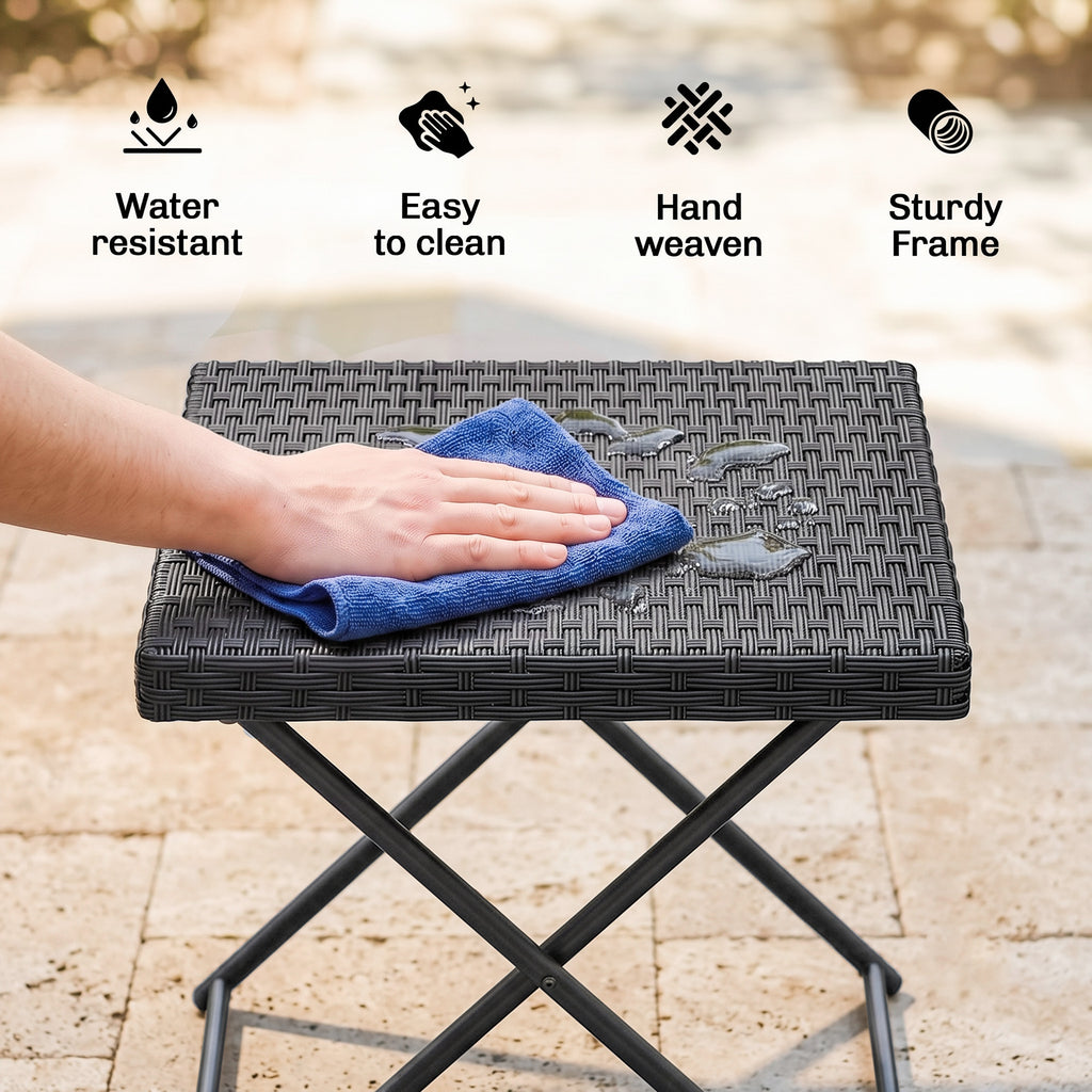 Patio Wicker Coffee Table, Outdoor PE Rattan Garden Folding Side Table, 15.75"x15.75"x15.75", Black