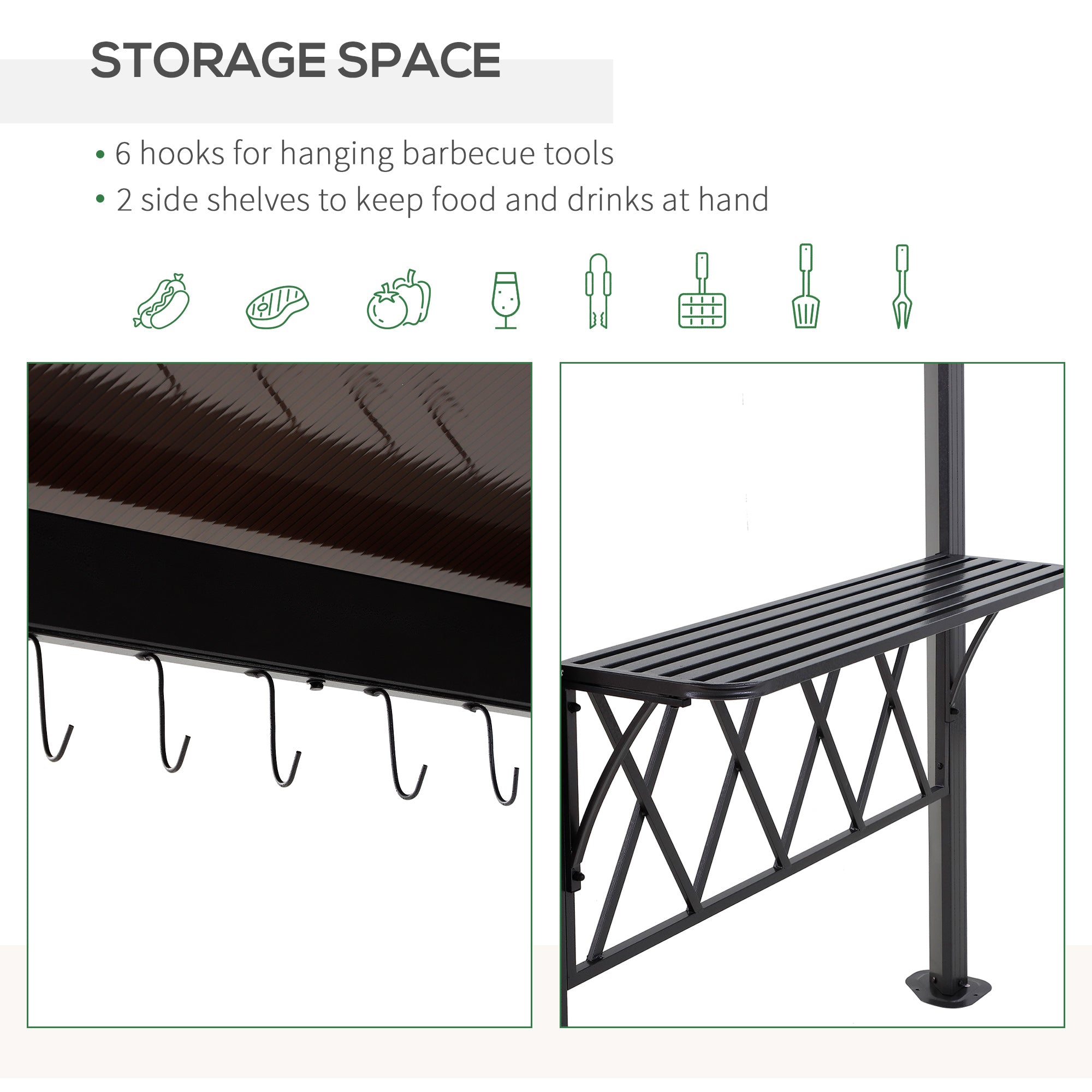 Outdoor Hardtop Grill Gazebo Cooking BBQ Canopy w/ 6 Hooks for Utensils and Double Vented PC Roof, Coffee