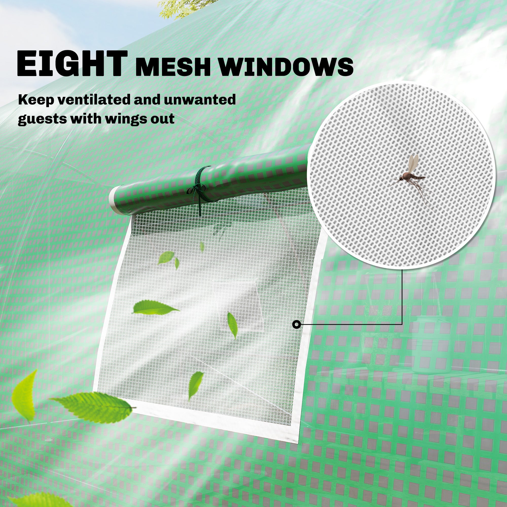 Walk-in Tunnel Greenhouse with 2 Support Rods, Mesh Door, Plant Hot House with PE Cover, 20'x10'x7', Green