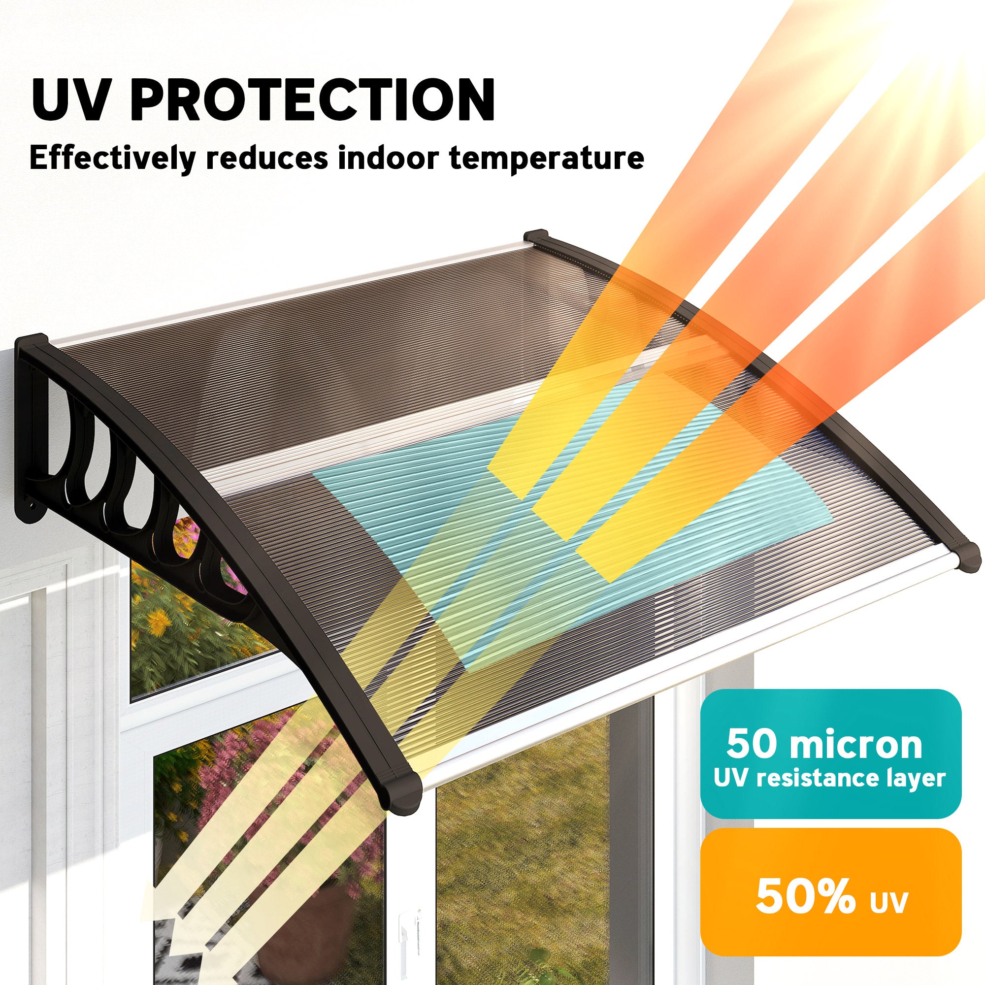 Awning Door Canopy, 40.6" x 38" Polycarbonate Front Door Outdoor Patio Cover with Hollow Sheet for UV Protection, Brown