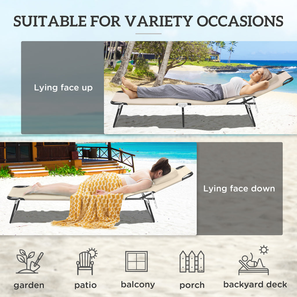 Outdoor Lounge Chair, Garden Folding Chaise Lounge w/ Adjustable Backrest, Face Hole and Support Pillow, Beige