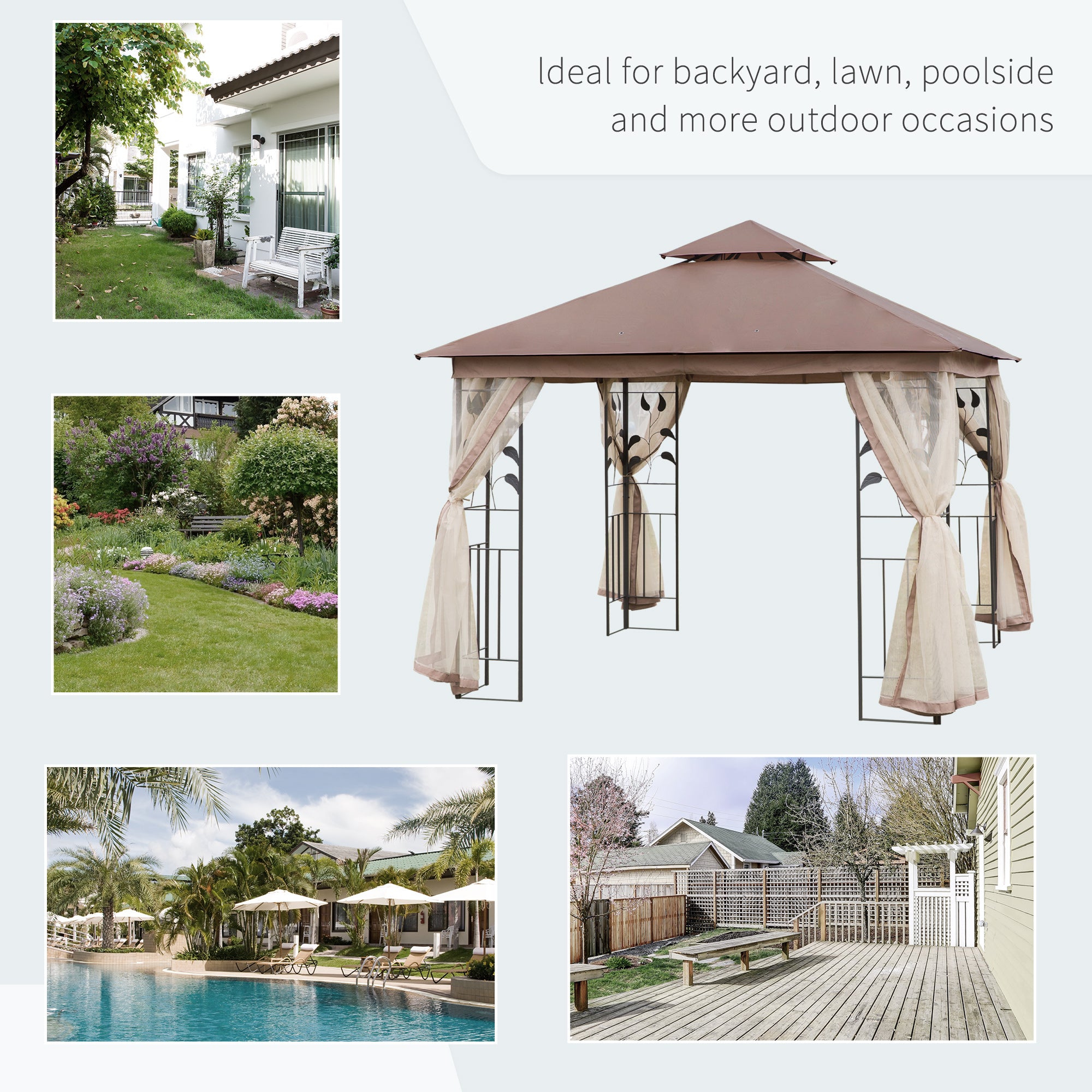 10'x10' Soft-top Steel Patio Gazebo Outdoor Sun Shelter with 2-Tier Polyester Roof, Curtain Sidewalls, Brown