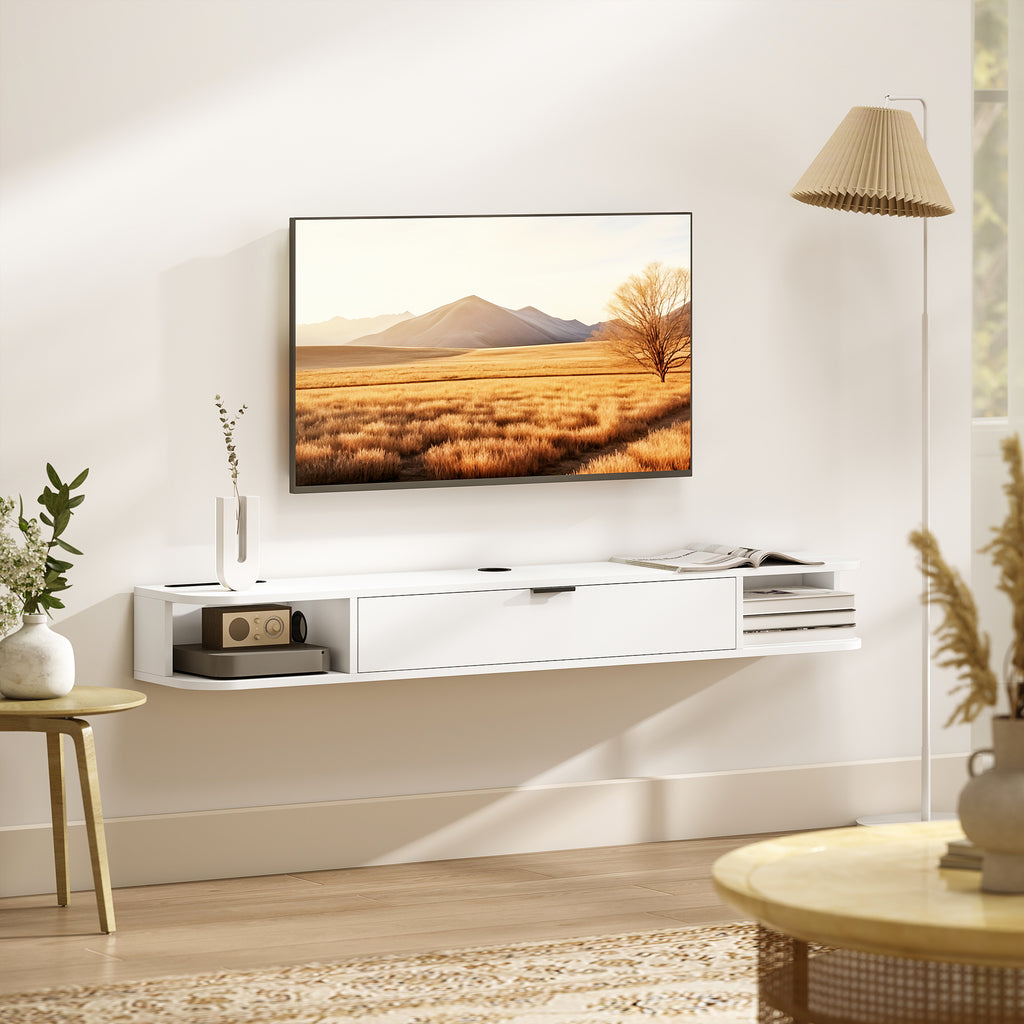 55" Floating TV Stand for TVs up to 60 Inch, Wall Mounted Media Console with Flip Drawer and 2 Open Shelves, White