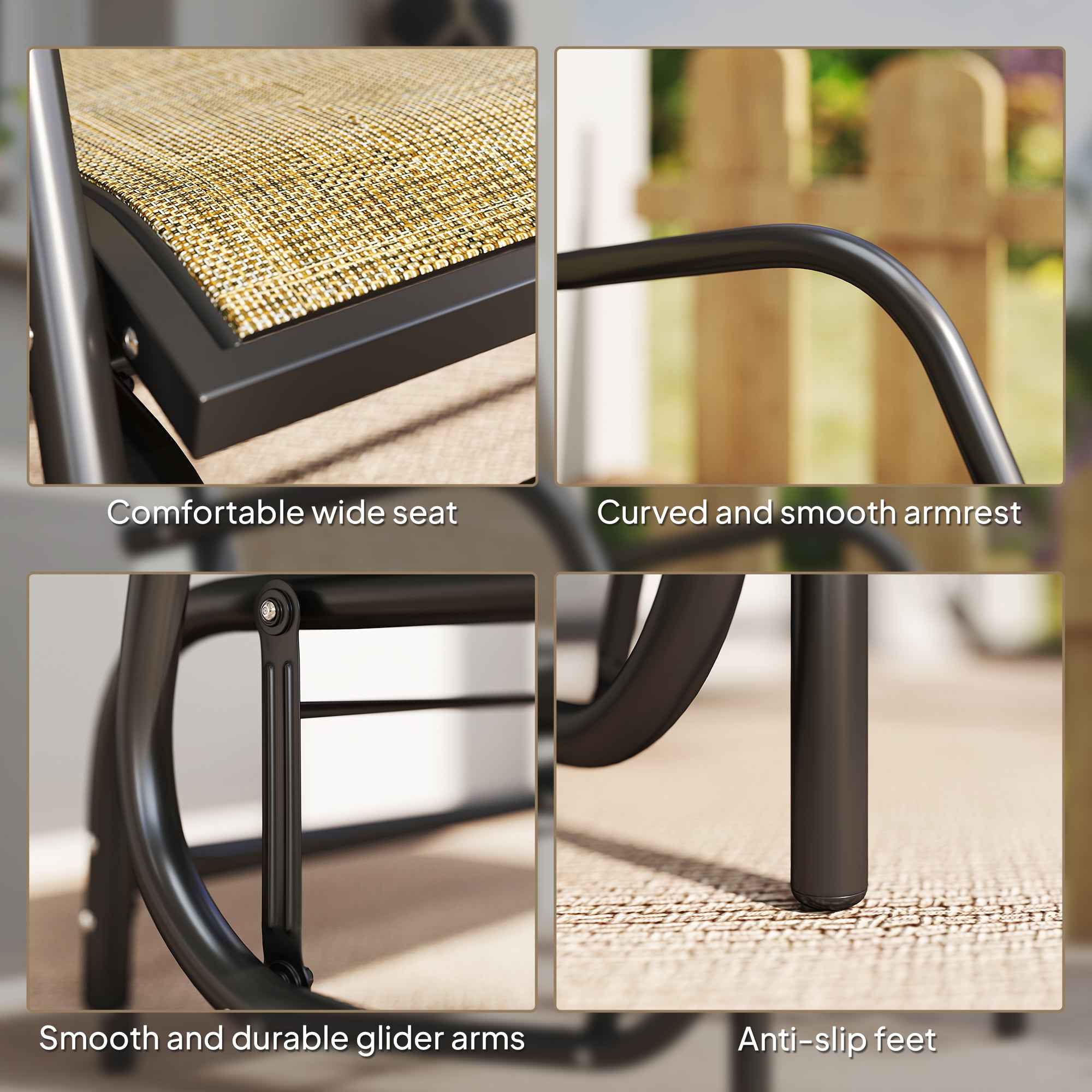 Patio Glider Outdoor Glider Chair with Breathable Mesh Seat & Backrest, Armrests and Metal Frame, Light Mixed Brown
