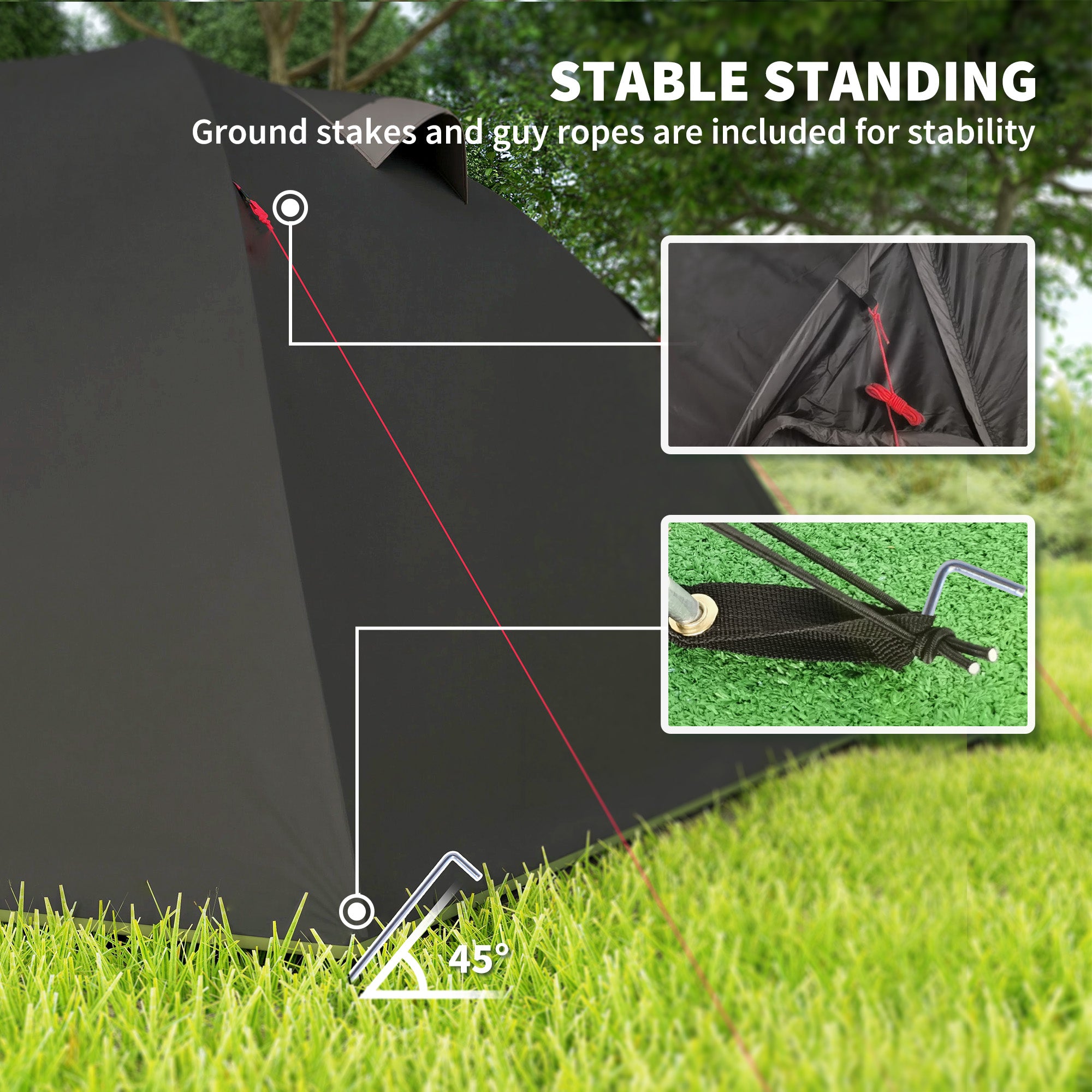 2-4 Man Camping Tent, 3000mm Waterproof Tunnel Tent with 2 Rooms, Sewn-in Groundsheet, 3 Doors and Hook