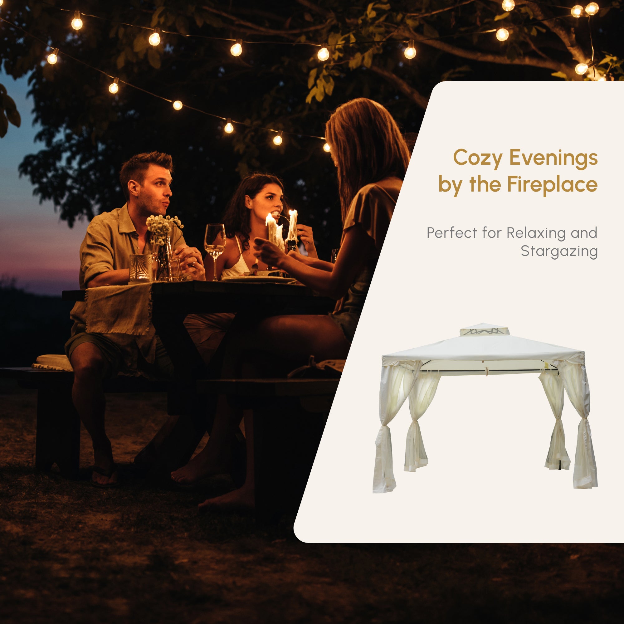 10' x 10' Patio Gazebo Pavilion, 2-Tier Roof Canopy Outdoor Shelter with Steel Frame and Mosquito Netting for Garden, Yard and Outdoor Events, Cream White