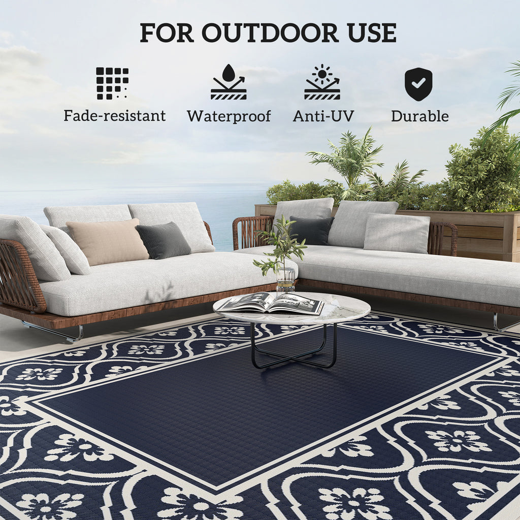 8' x 10' Outdoor RV Rug, Reversible Patio Floor Mat with Carry Bag, Gourd Border, Blue and White