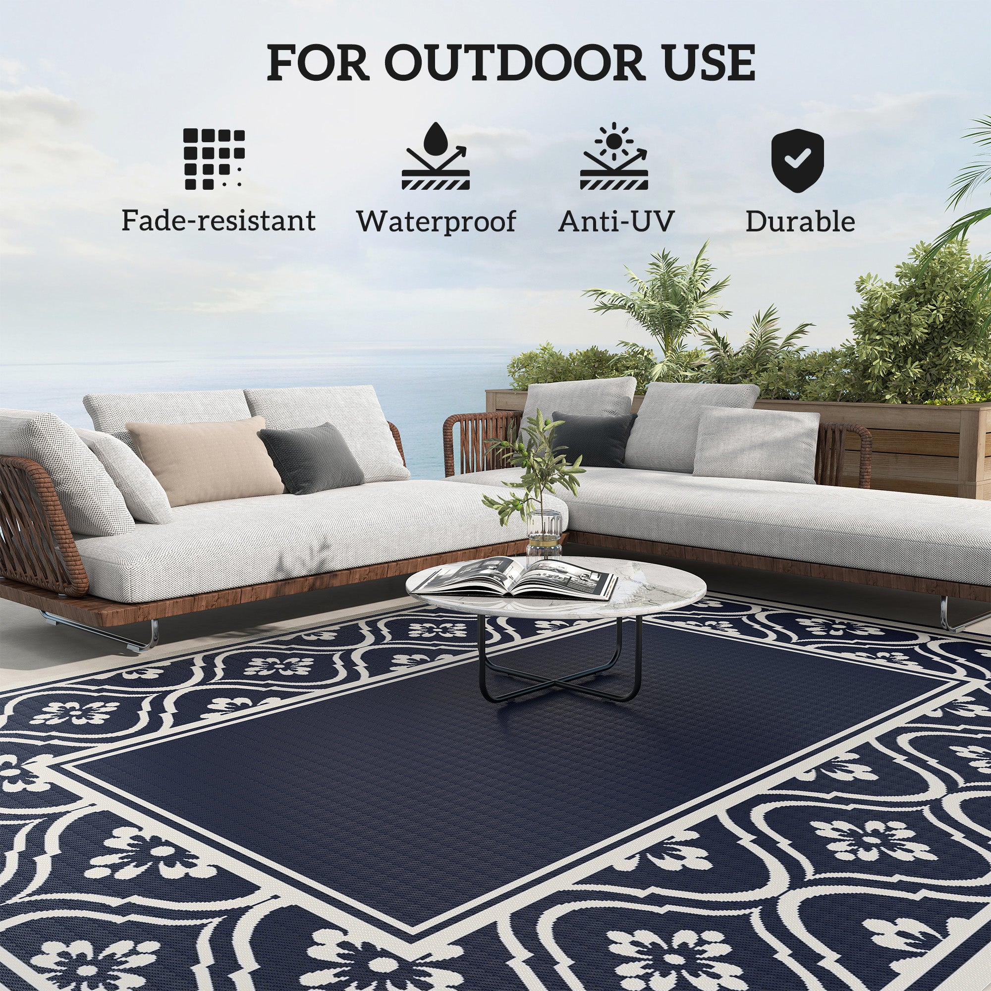 8' x 10' Outdoor RV Rug, Reversible Patio Floor Mat with Carry Bag, Gourd Border, Blue and White