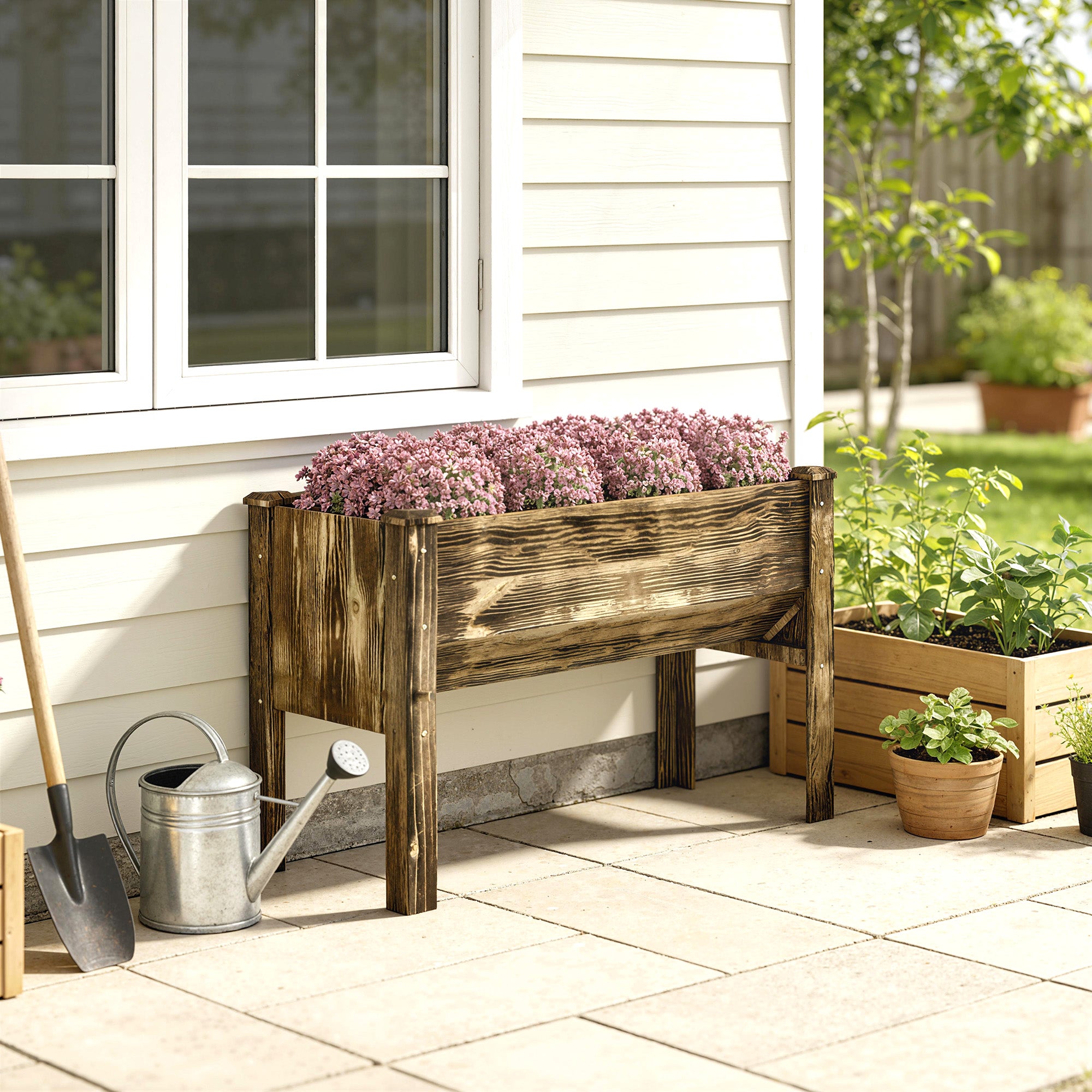 Wooden Raised Garden Plant Stand Outdoor Tall Flower Bed Box with Hooks, 48" x 24" x 32", Carbonized