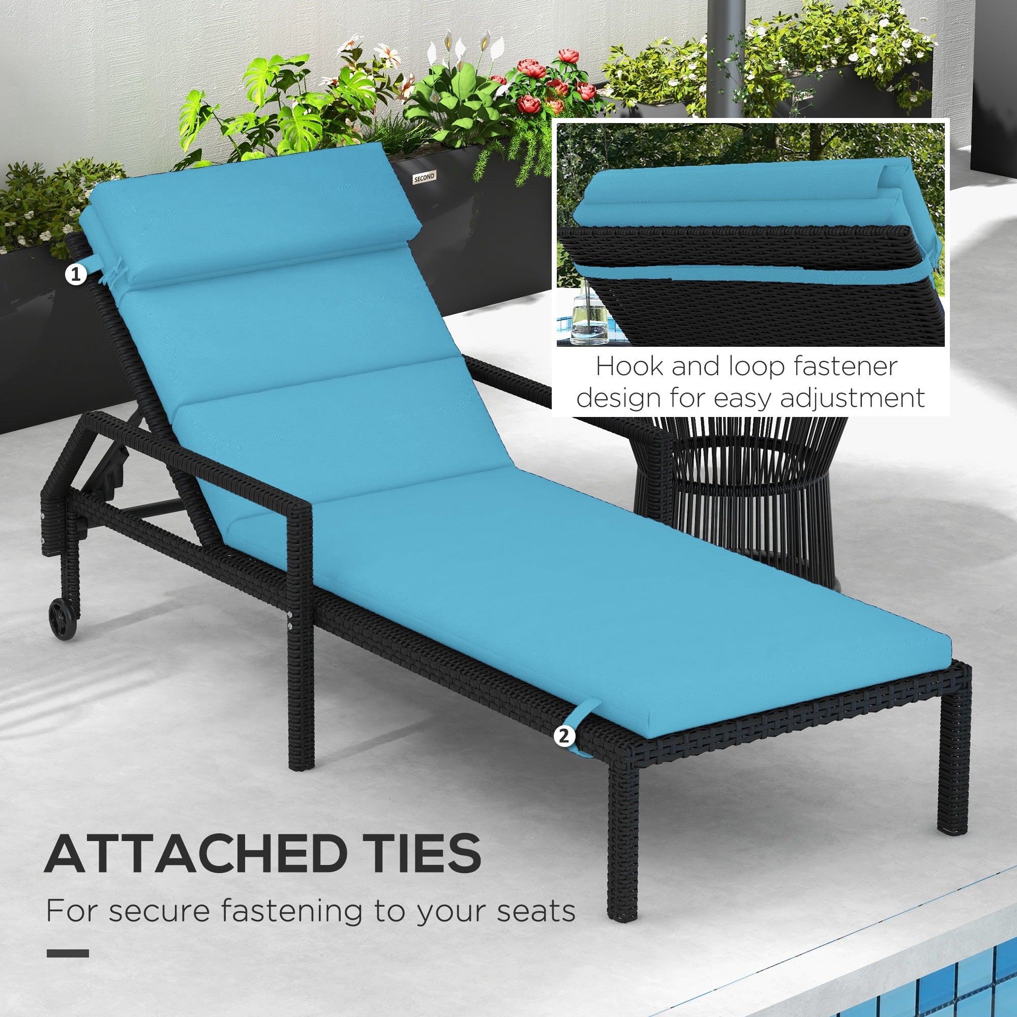 Patio Chaise Lounge Chair Cushion Replacement Sun Lounger Pads with Headrest and Ties, Turquoise