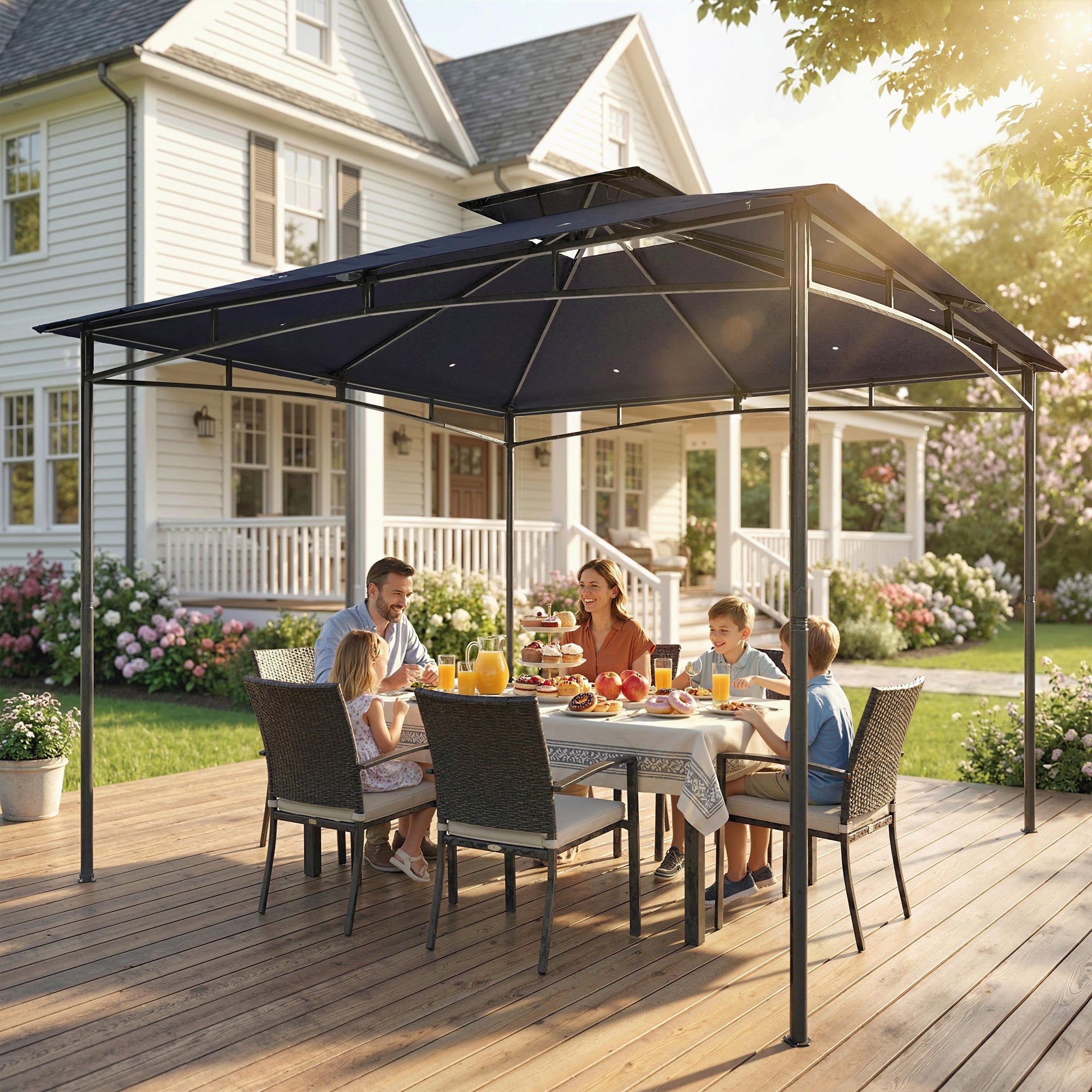 10' x 10' Gazebo, Soft Top Outdoor Gazebo with 2-Tier Roof, Metal Frame, Navy Blue