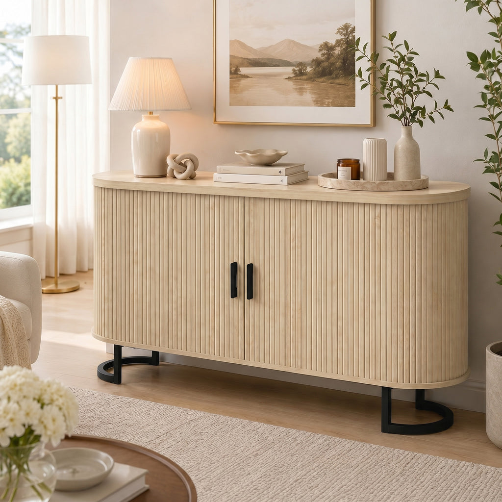 Fluted Sideboard Buffet Cabinet, 55" Modern Coffee Bar Cabinet with Sliding Doors and Adjustable Shelves, Natural