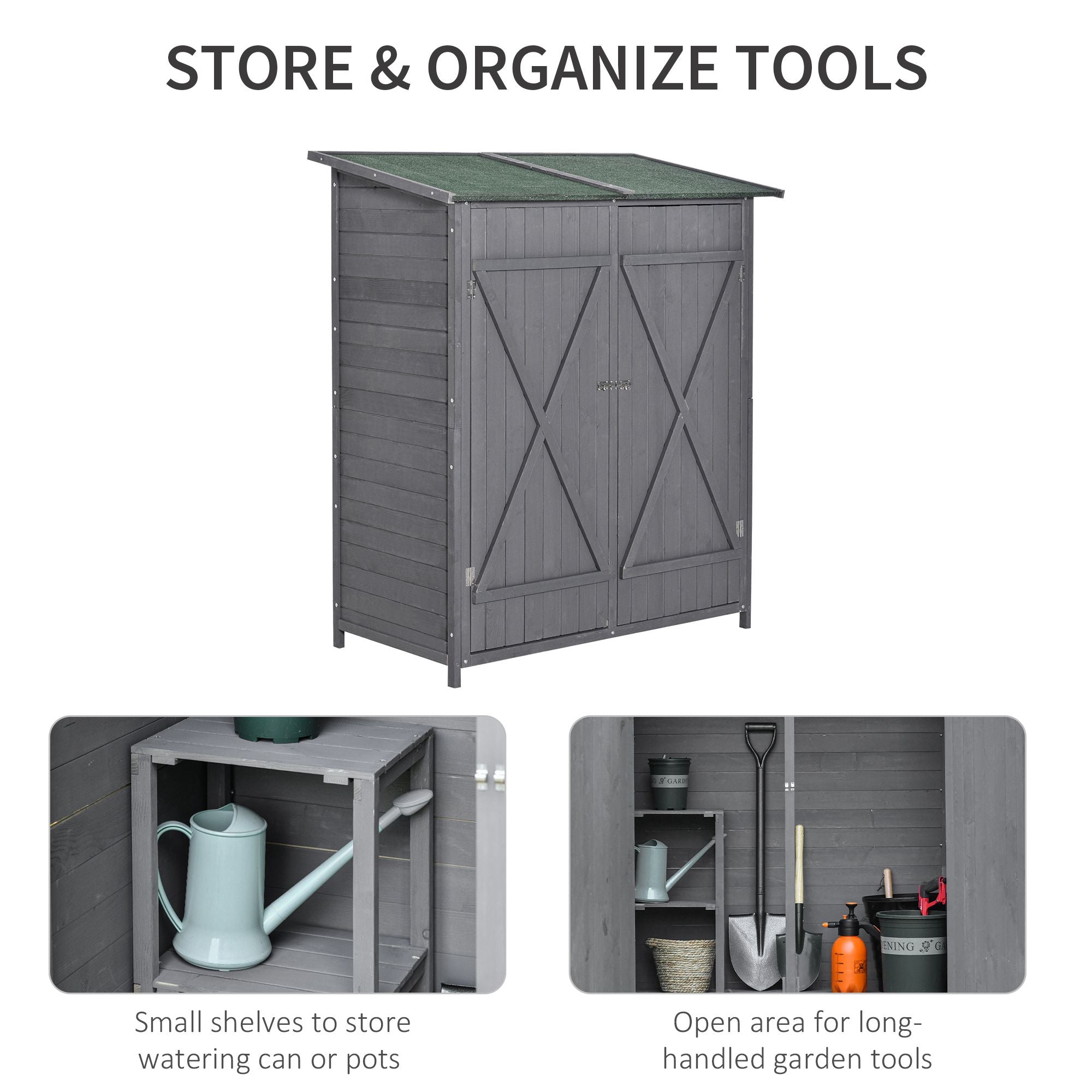 Garden Storage Shed Asphalt Roof Wooden Timber Double Door Utility Storage House with Shelf, Green and Grey