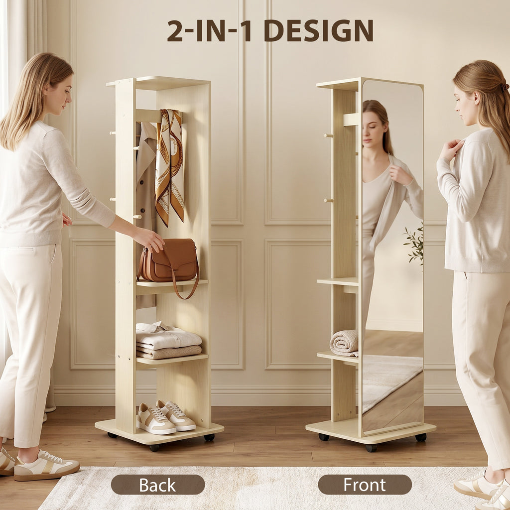 15" x 62" Full Length Mirror, Tempered Glass Floor Mirror on Wheels with Storage Shelves, Coat Hangers, Natural Wood