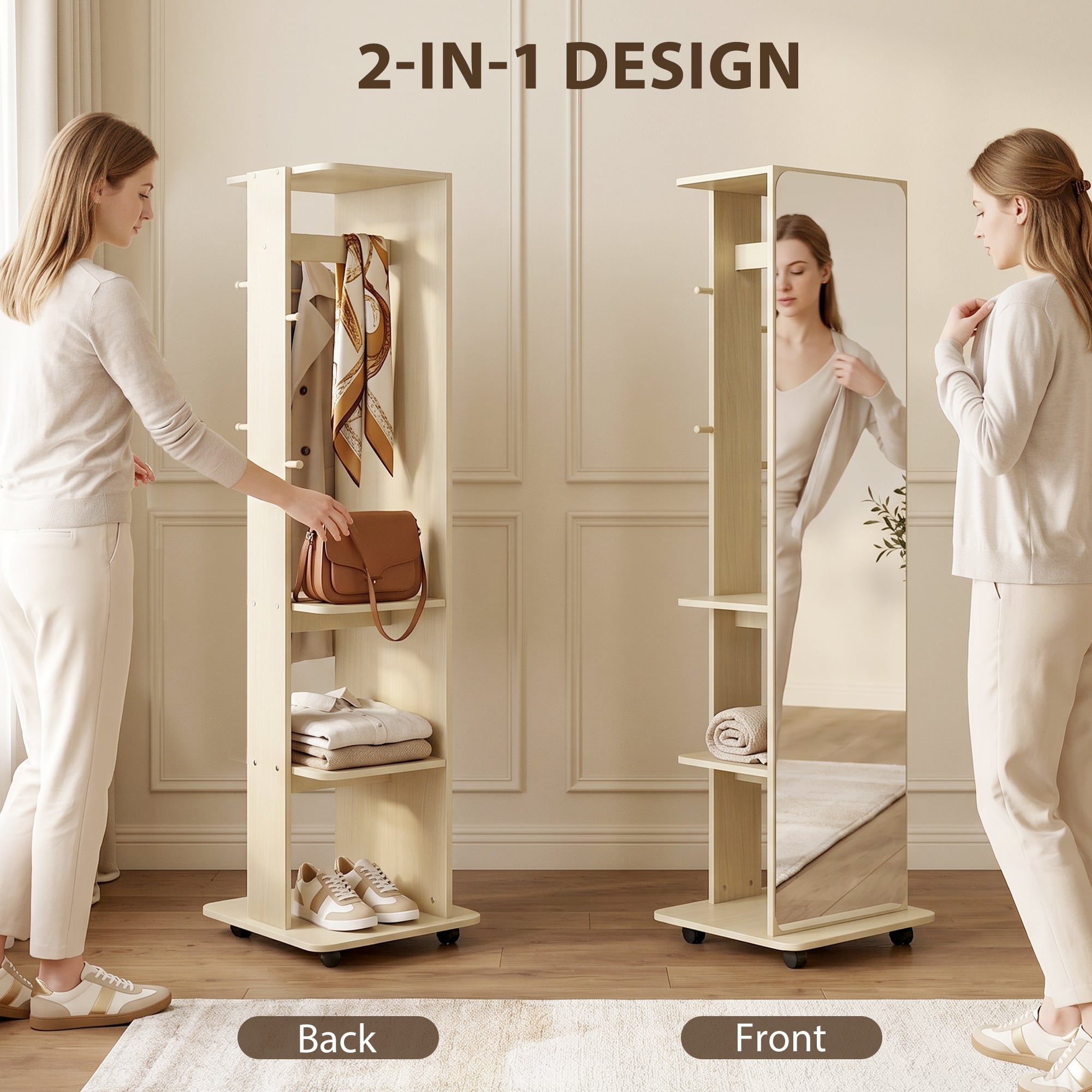 15" x 62" Full Length Mirror, Tempered Glass Floor Mirror on Wheels with Storage Shelves, Coat Hangers, Natural Wood