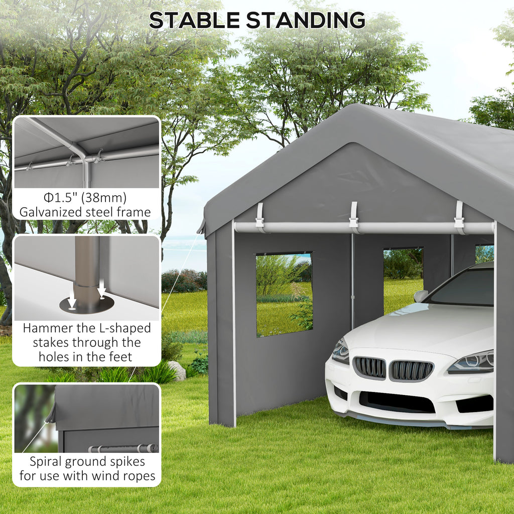 10' x 20' Carport, Heavy Duty Portable Garage with 6 Mesh Windows and 2 Doors, Light Grey