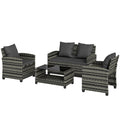 4-Piece Outdoor Wicker Patio Furniture Conversation Set, Includes Loveseat, Chairs and 2-Tier Table with Cushions, Modern Rattan Sofa Set for Backyard, Dark Grey