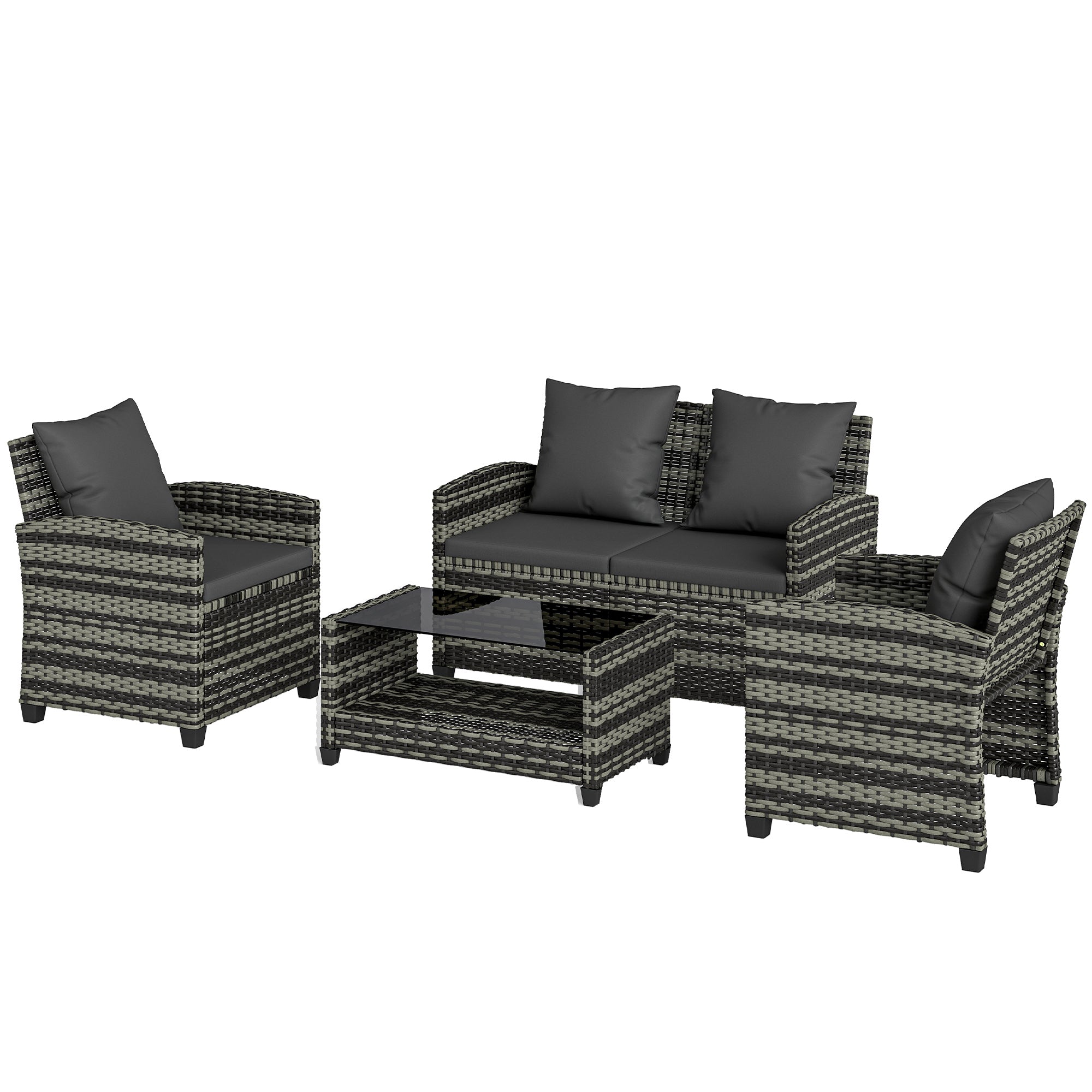 4-Piece Outdoor Wicker Patio Furniture Conversation Set, Includes Loveseat, Chairs and 2-Tier Table with Cushions, Modern Rattan Sofa Set for Backyard, Dark Grey