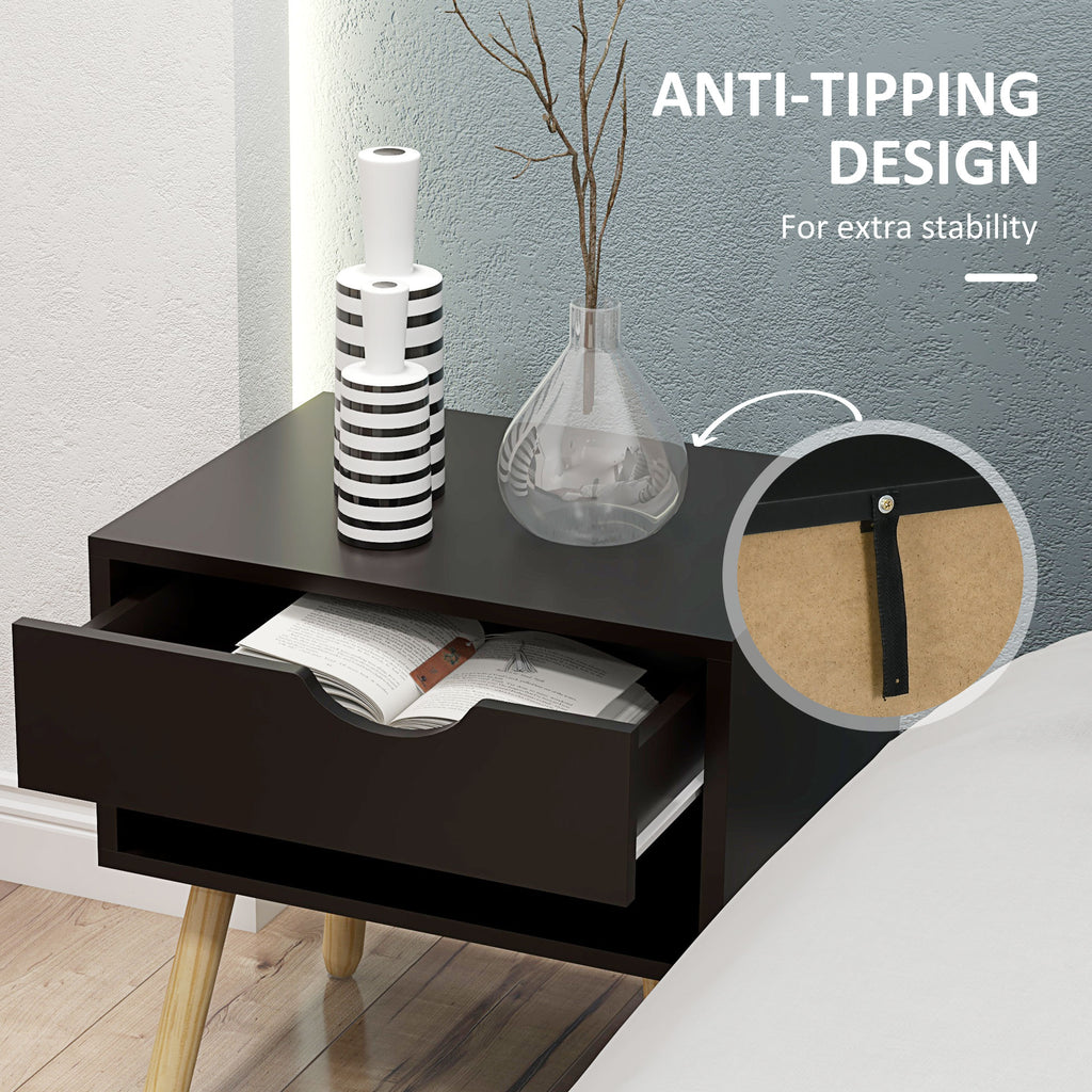 Set of 2 Nightstands with Storage Drawer and Shelf, Modern Bedside Table for Bedroom, Black