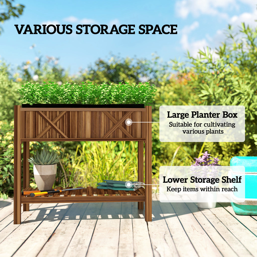 Wooden Raised Garden Bed, Elevated Planter Box with Storage Shelf, Drainage Holes and Liner, 34"x18"x30", Carbonized